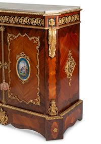 A French Gilt Bronze and Porcelain Plaque-Mounted Kingwood and Tulipwood Marble-Top Cabinet