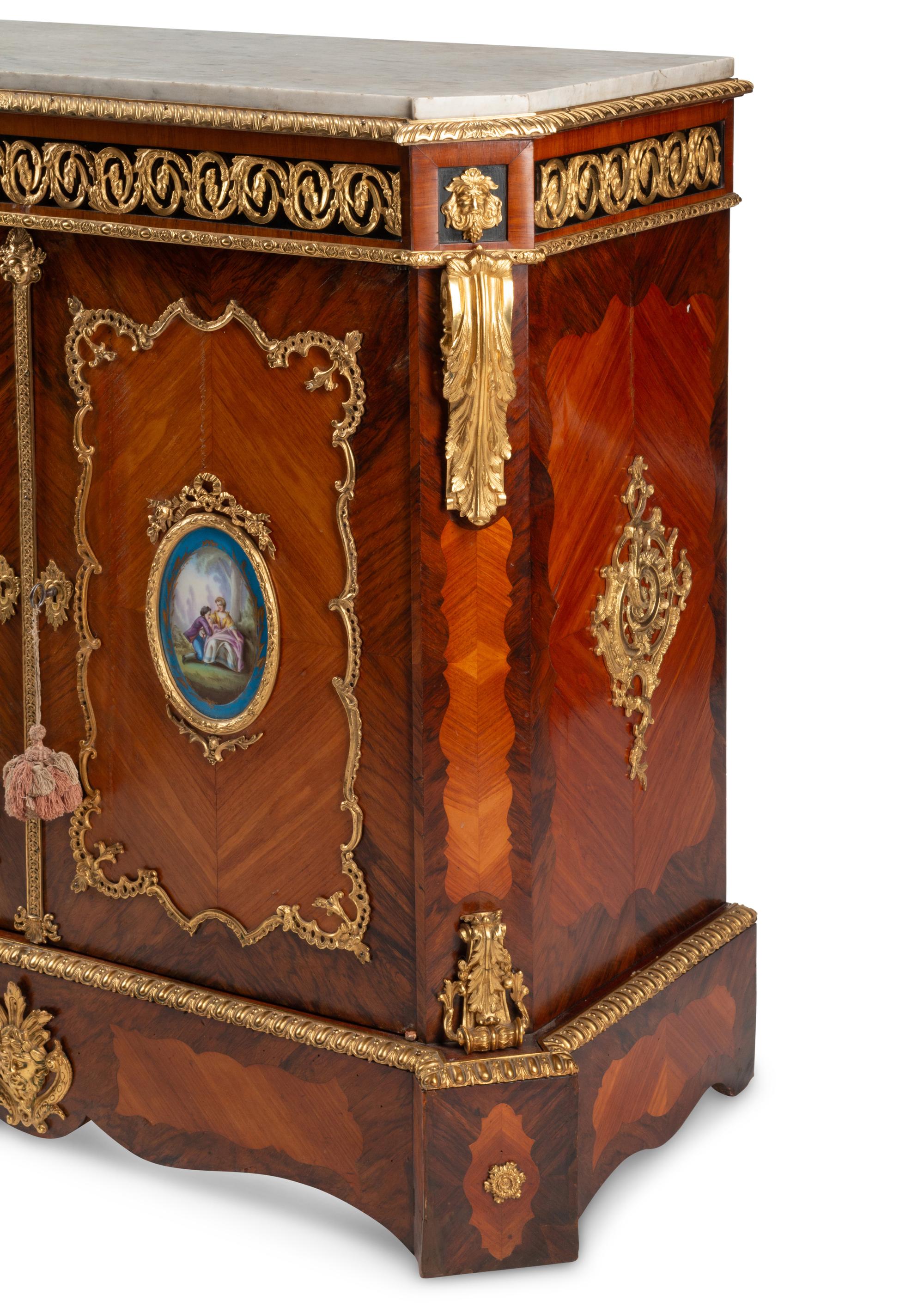 A French Gilt Bronze and Porcelain Plaque-Mounted Kingwood and Tulipwood Marble-Top Cabinet