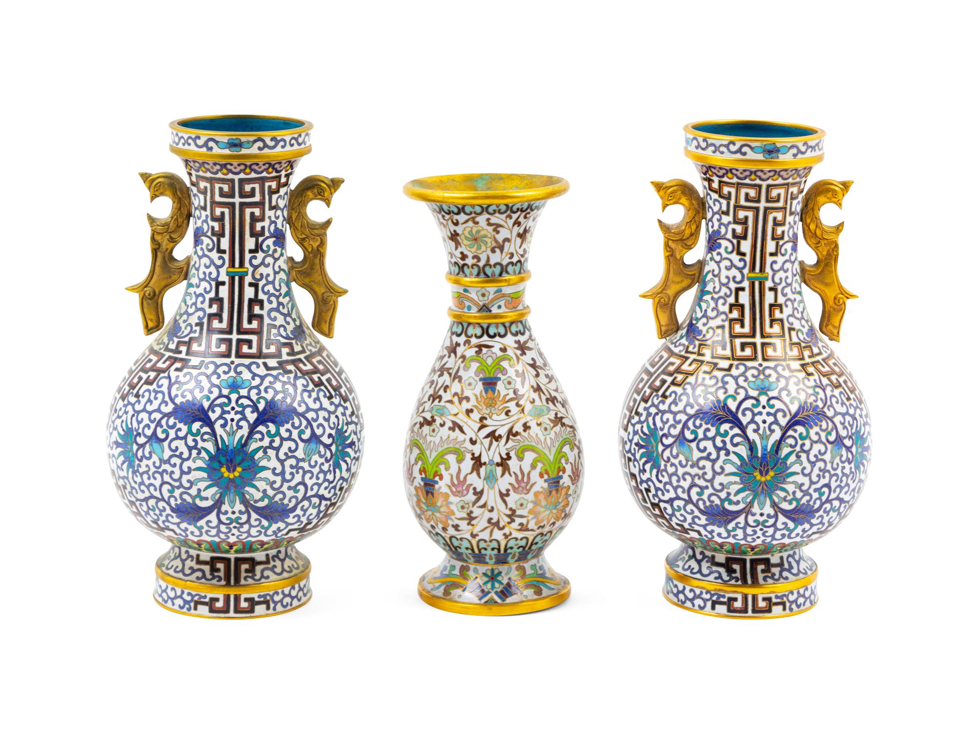 Three Chinese White Ground Cloissoné Enamel Bottle Vases