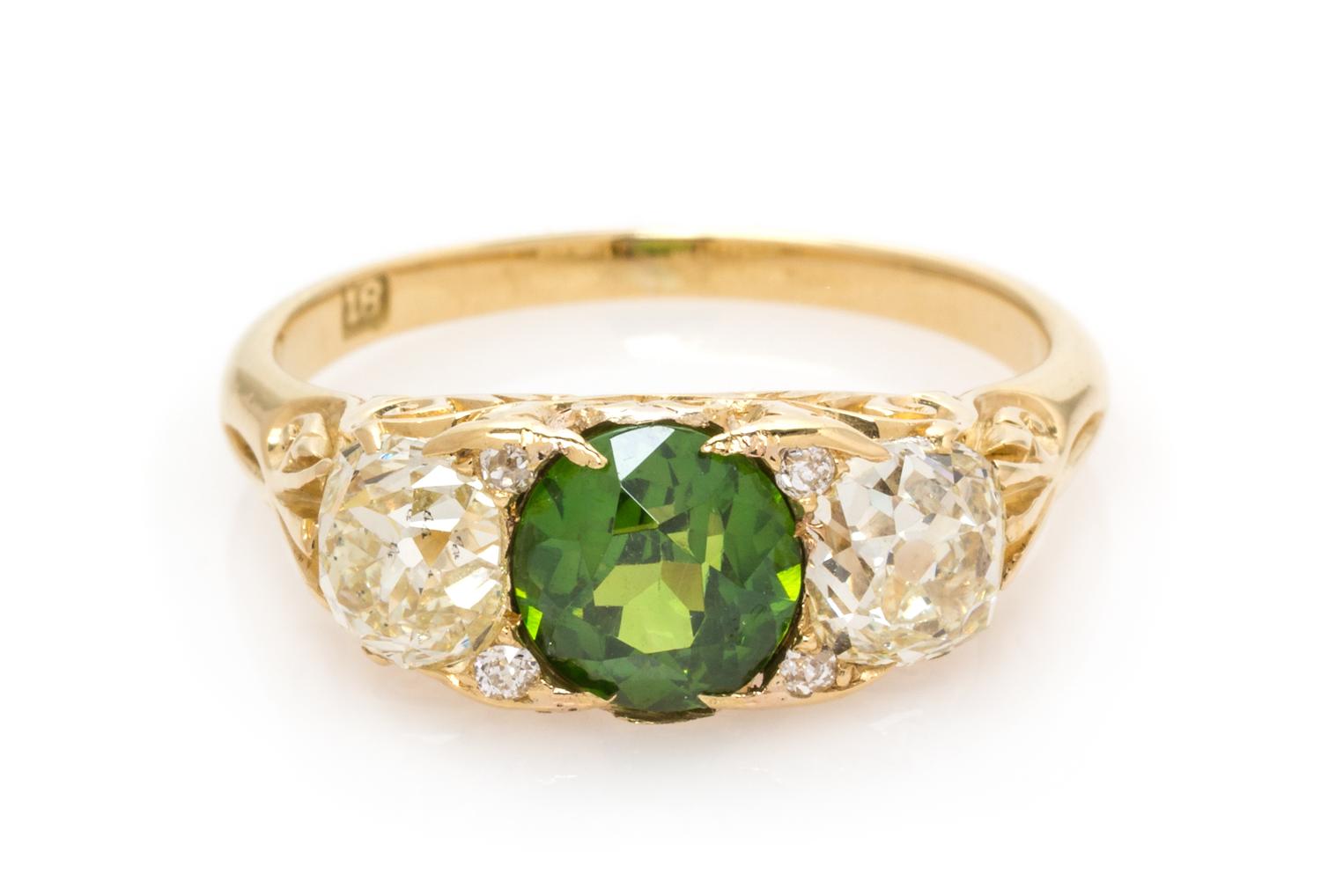 An Art Nouveau 18 Karat Yellow Gold, Russian Demantoid Garnet and Diamond Ring, 2.30 dwts.