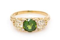An Art Nouveau 18 Karat Yellow Gold, Russian Demantoid Garnet and Diamond Ring, 2.30 dwts.