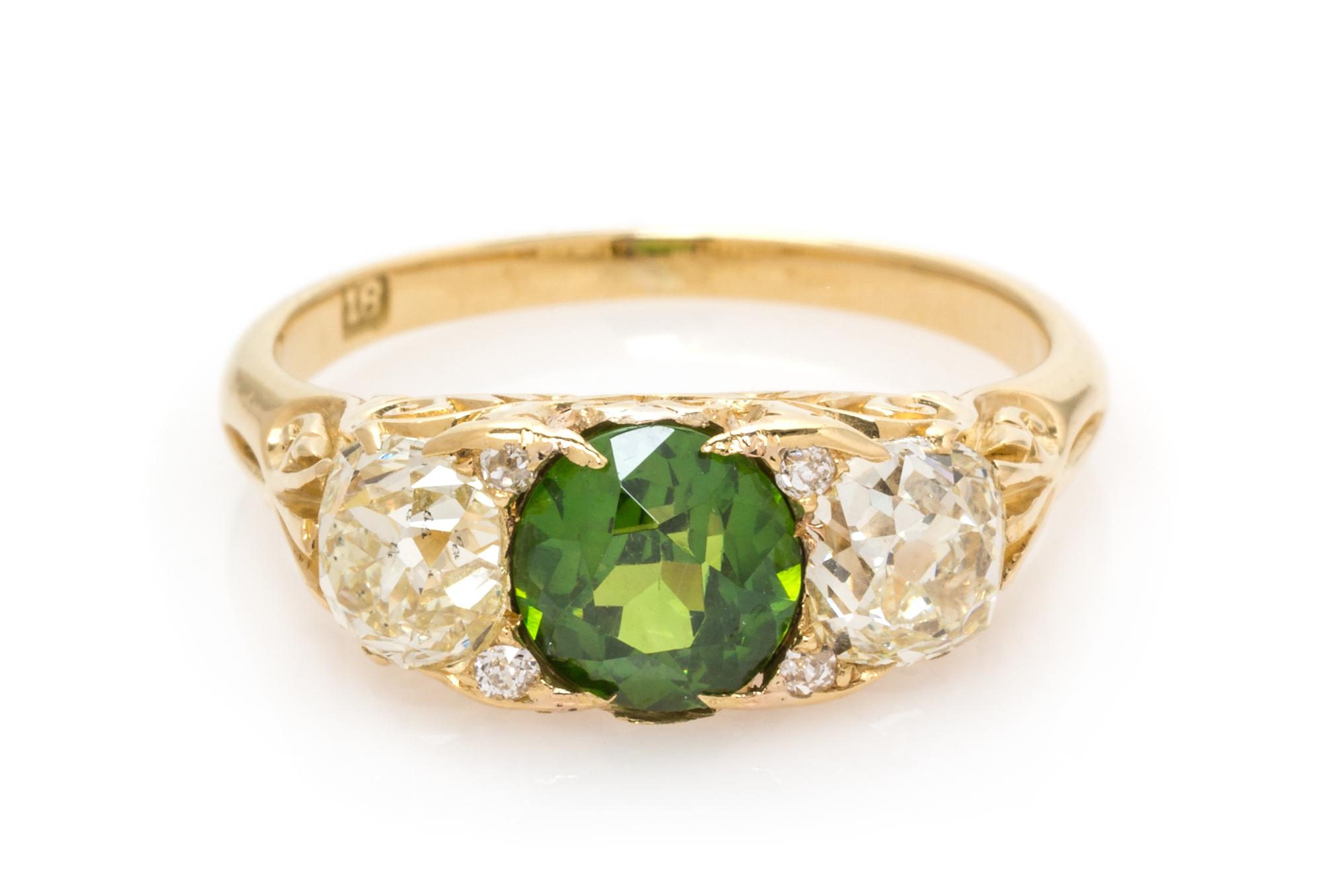 An Art Nouveau 18 Karat Yellow Gold, Russian Demantoid Garnet and Diamond Ring, 2.30 dwts.