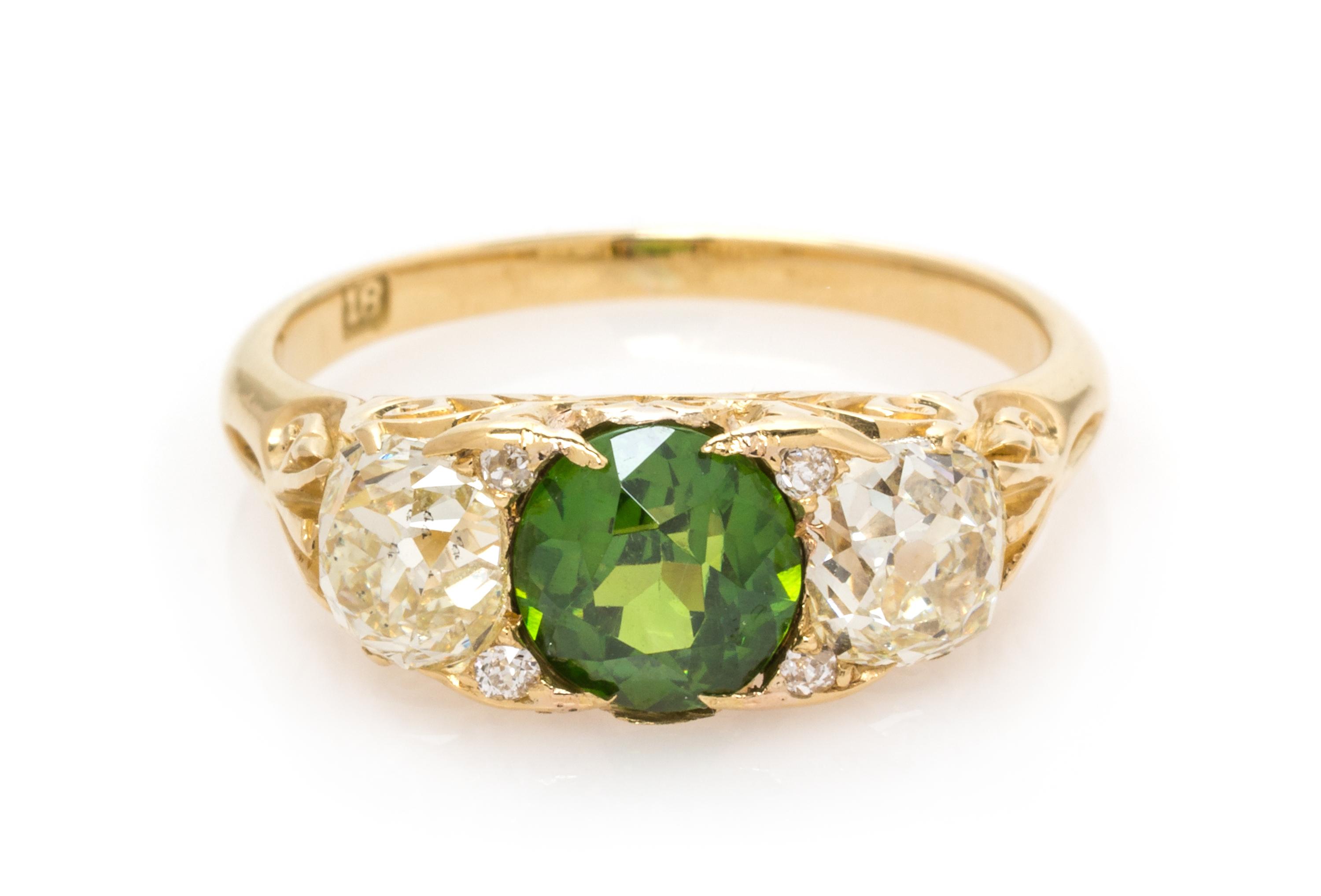 An Art Nouveau 18 Karat Yellow Gold, Russian Demantoid Garnet and Diamond Ring, 2.30 dwts.