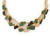 JULIA PLANA, DIAMOND, MAW-SIT-SIT, ONYX, AND YELLOW GOLD NECKLACE AND EARRINGS SET