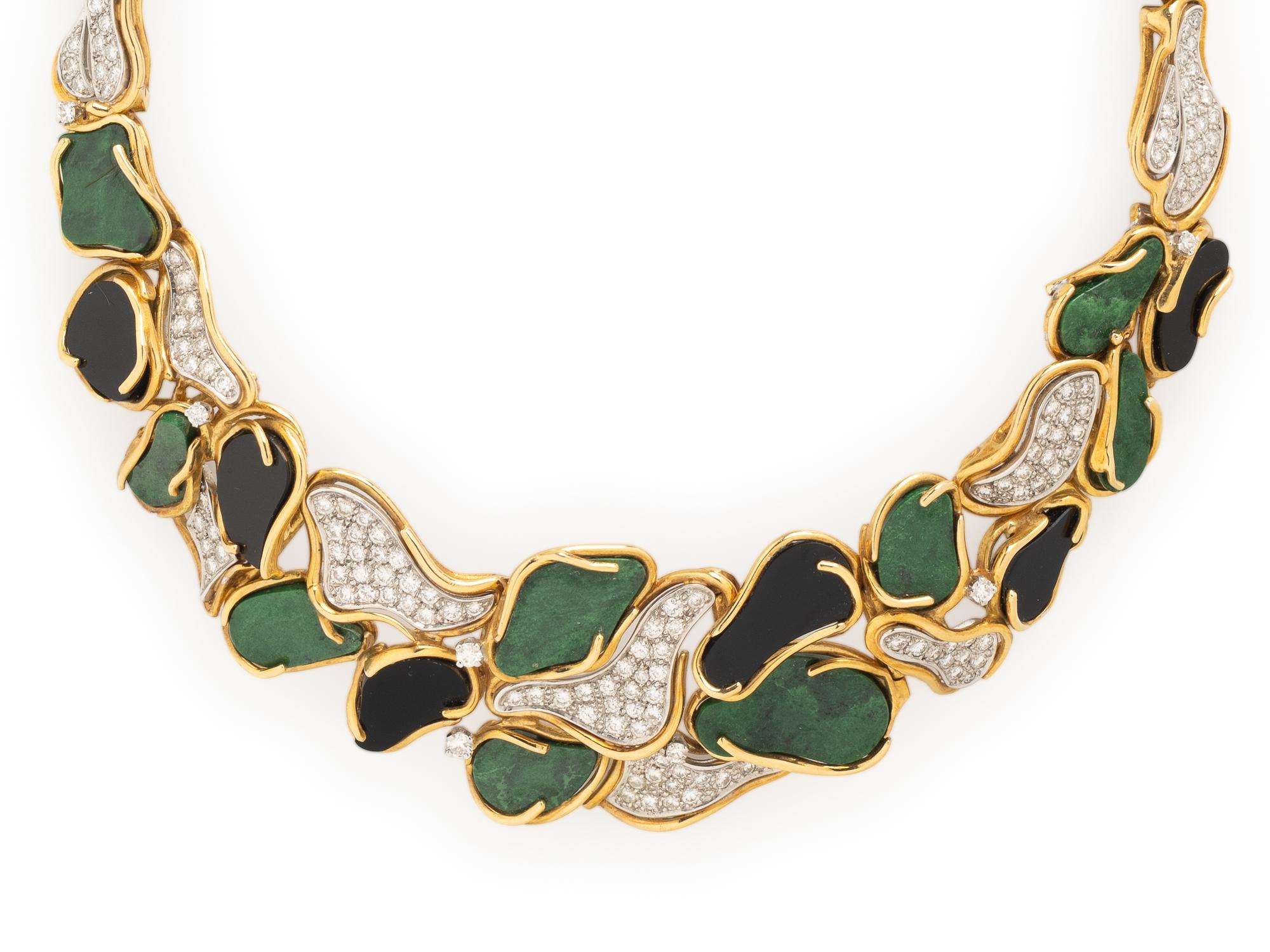 JULIA PLANA, DIAMOND, MAW-SIT-SIT, ONYX, AND YELLOW GOLD NECKLACE AND EARRINGS SET