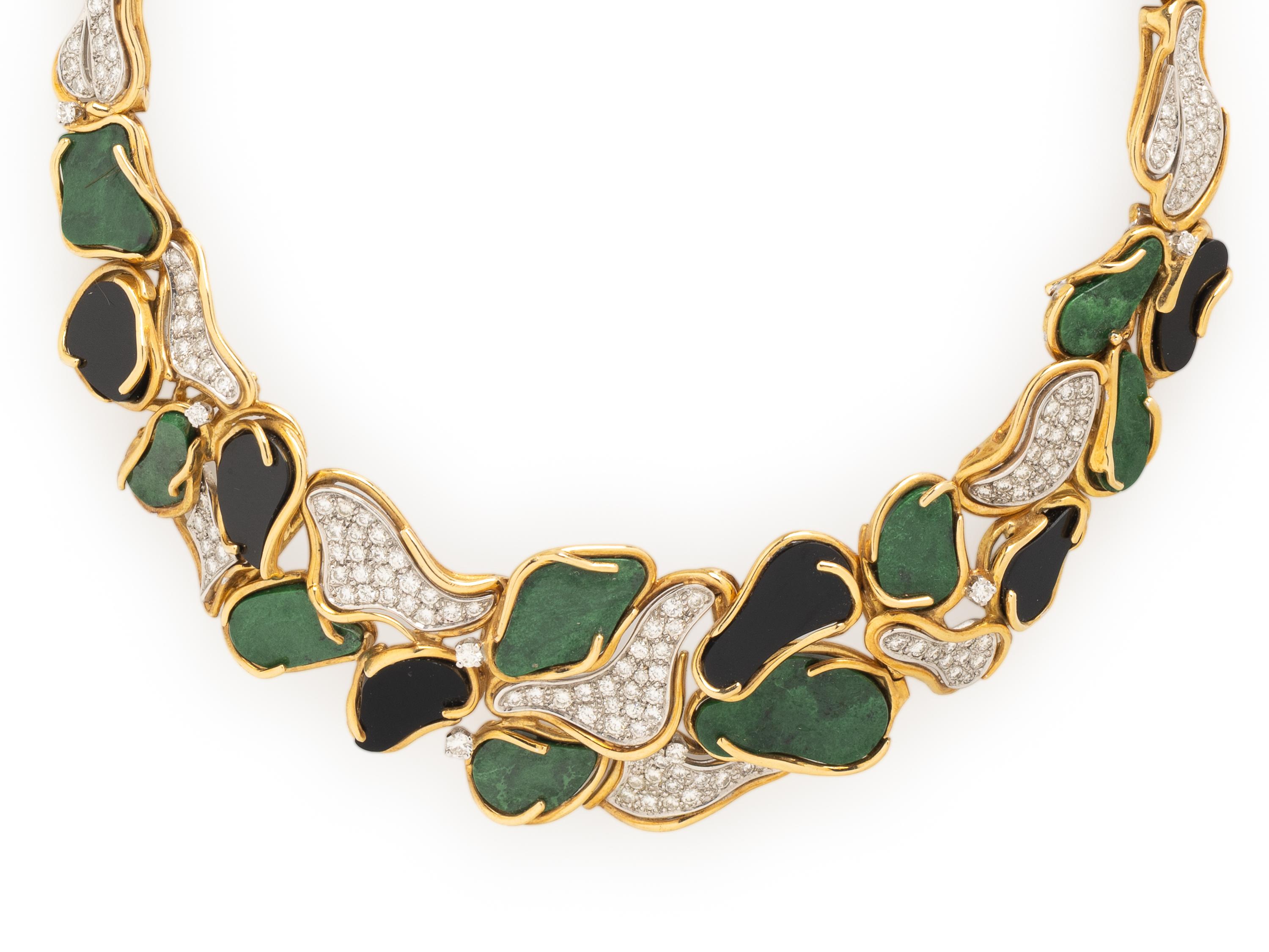 JULIA PLANA, DIAMOND, MAW-SIT-SIT, ONYX, AND YELLOW GOLD NECKLACE AND EARRINGS SET