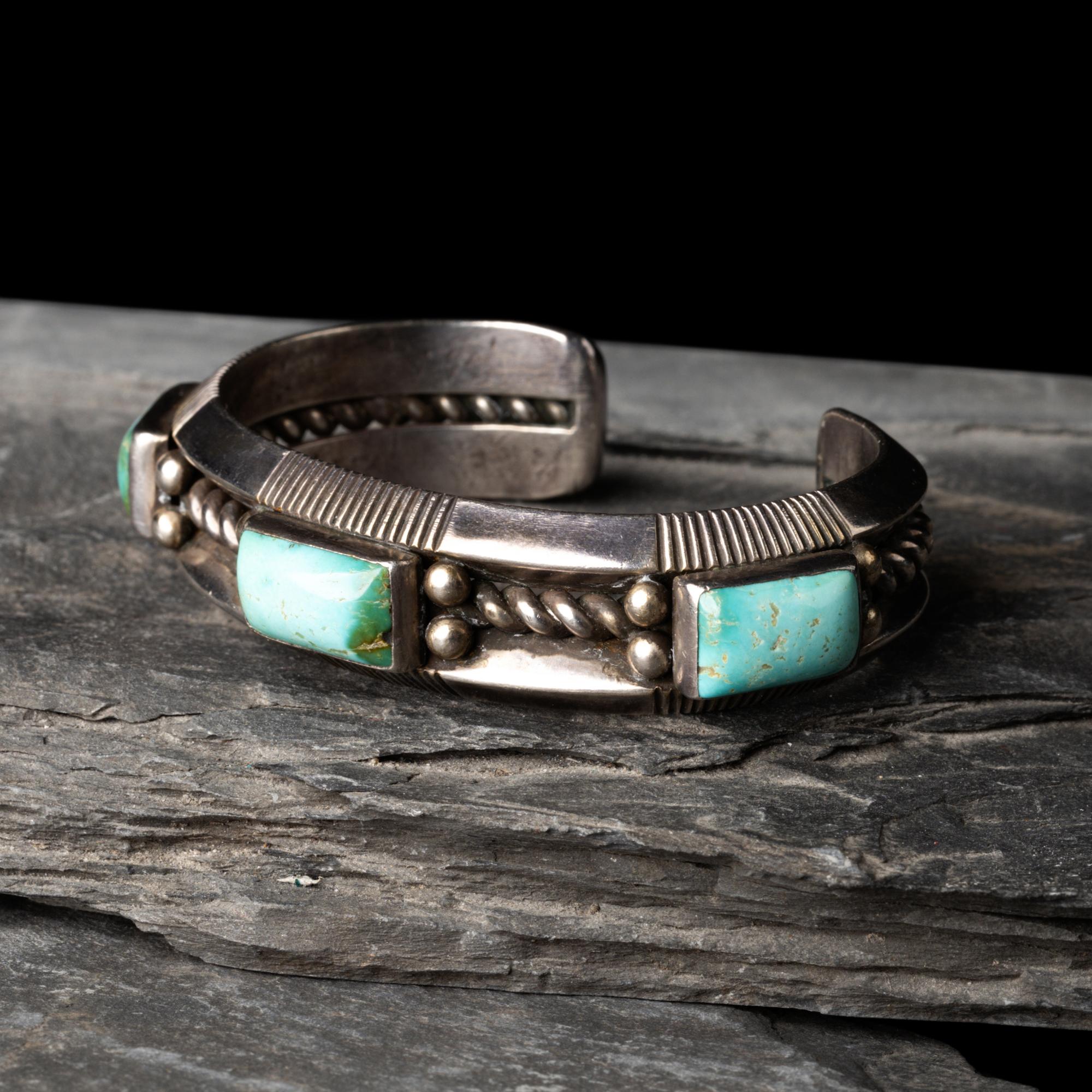 Perry Shorty (Diné, b. 1964) — Traditional Silver and Blue Gem Turquoise Cuff Bracelet