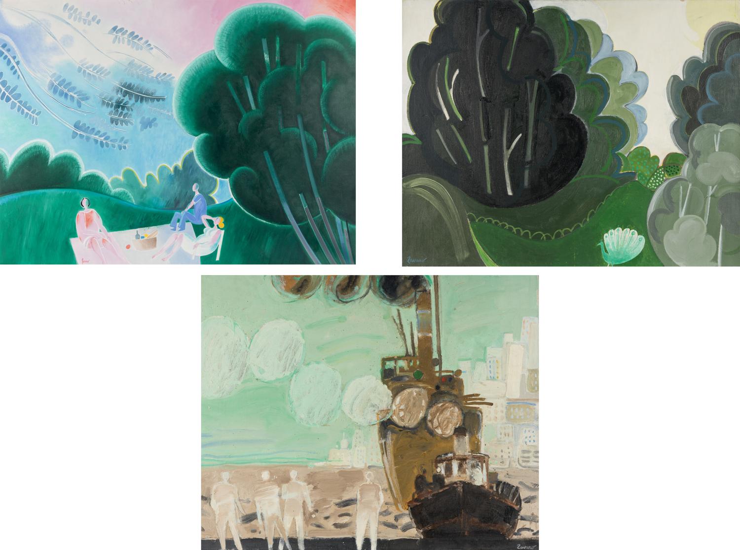 A group of three paintings ( Le pique-nique , Le paon , and Devant le port )