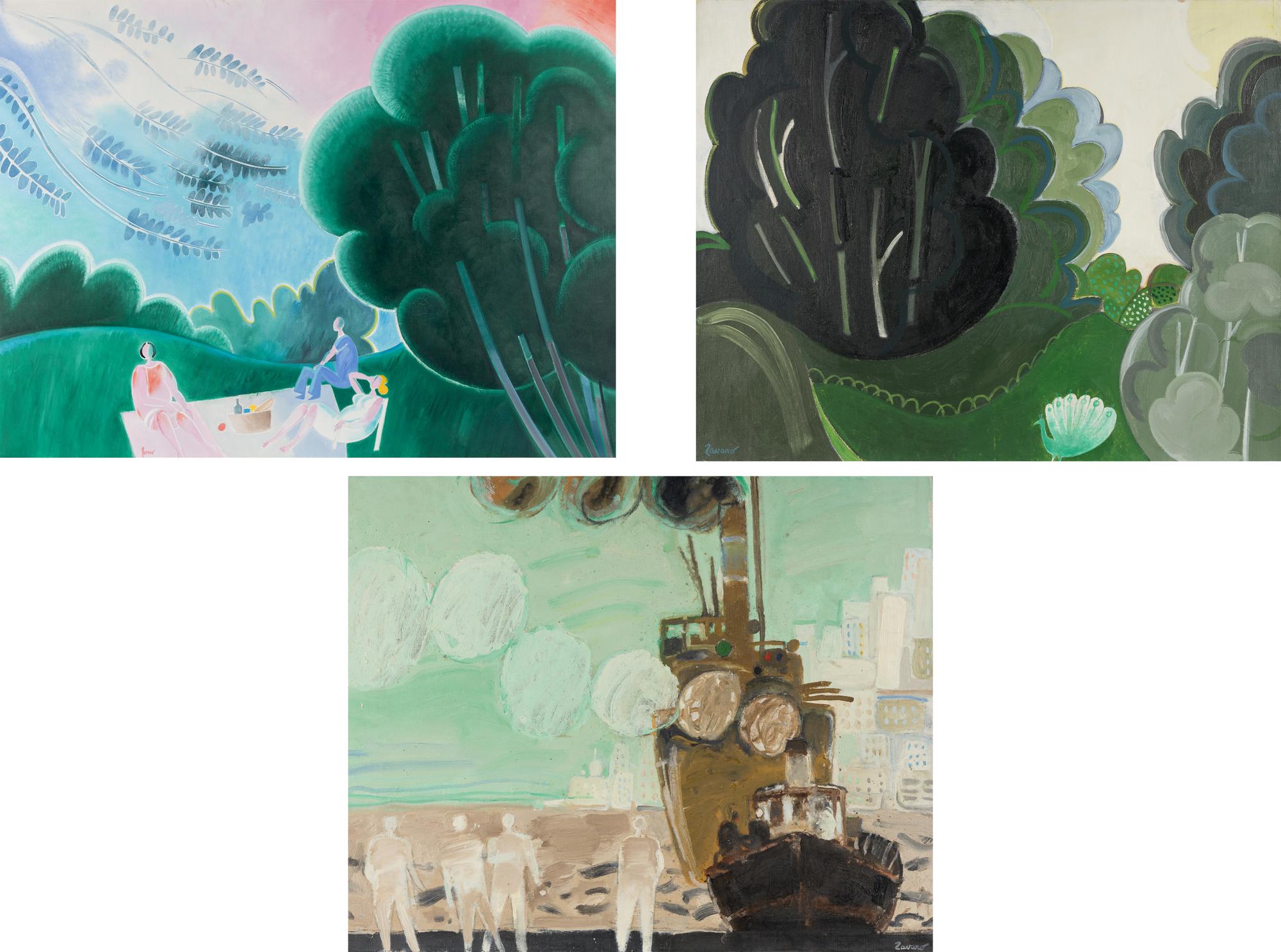 A group of three paintings ( Le pique-nique , Le paon , and Devant le port )