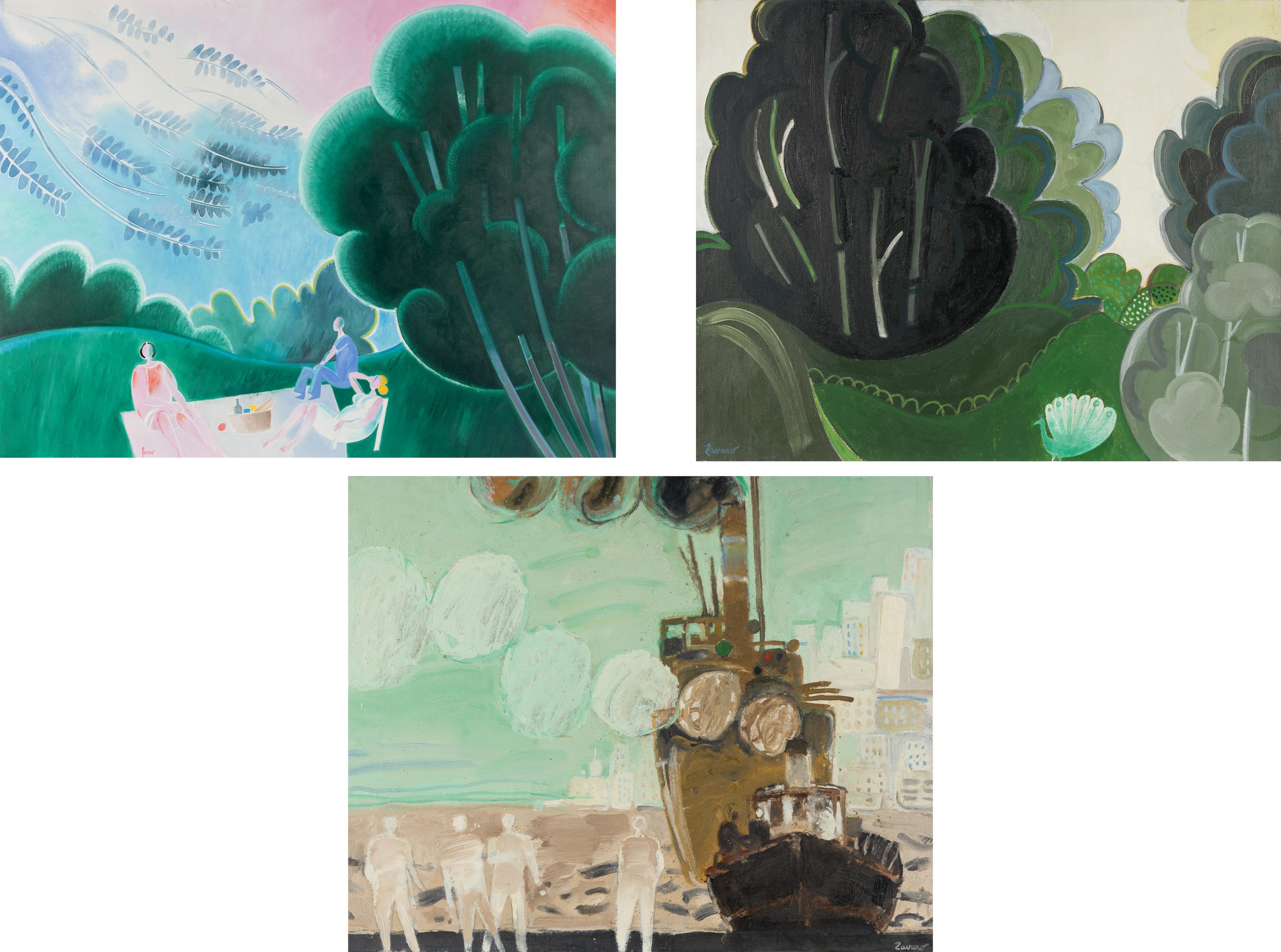 A group of three paintings ( Le pique-nique , Le paon , and Devant le port )