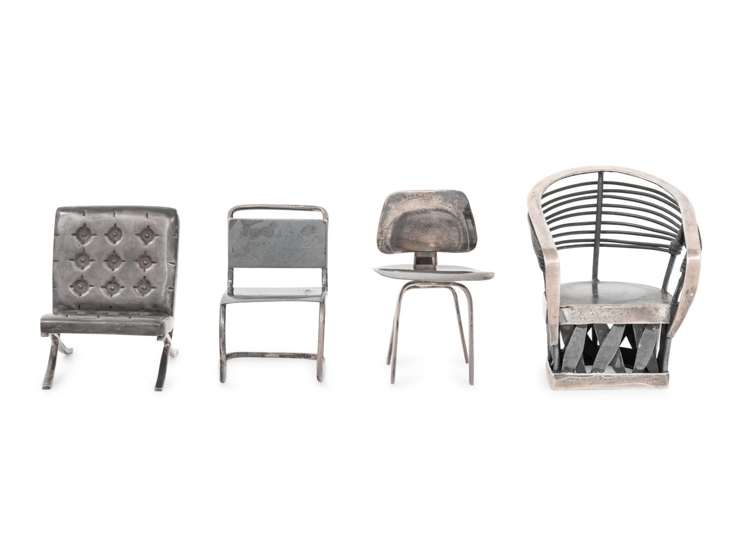 A Set of Three Silver Miniature Modernist Chairs