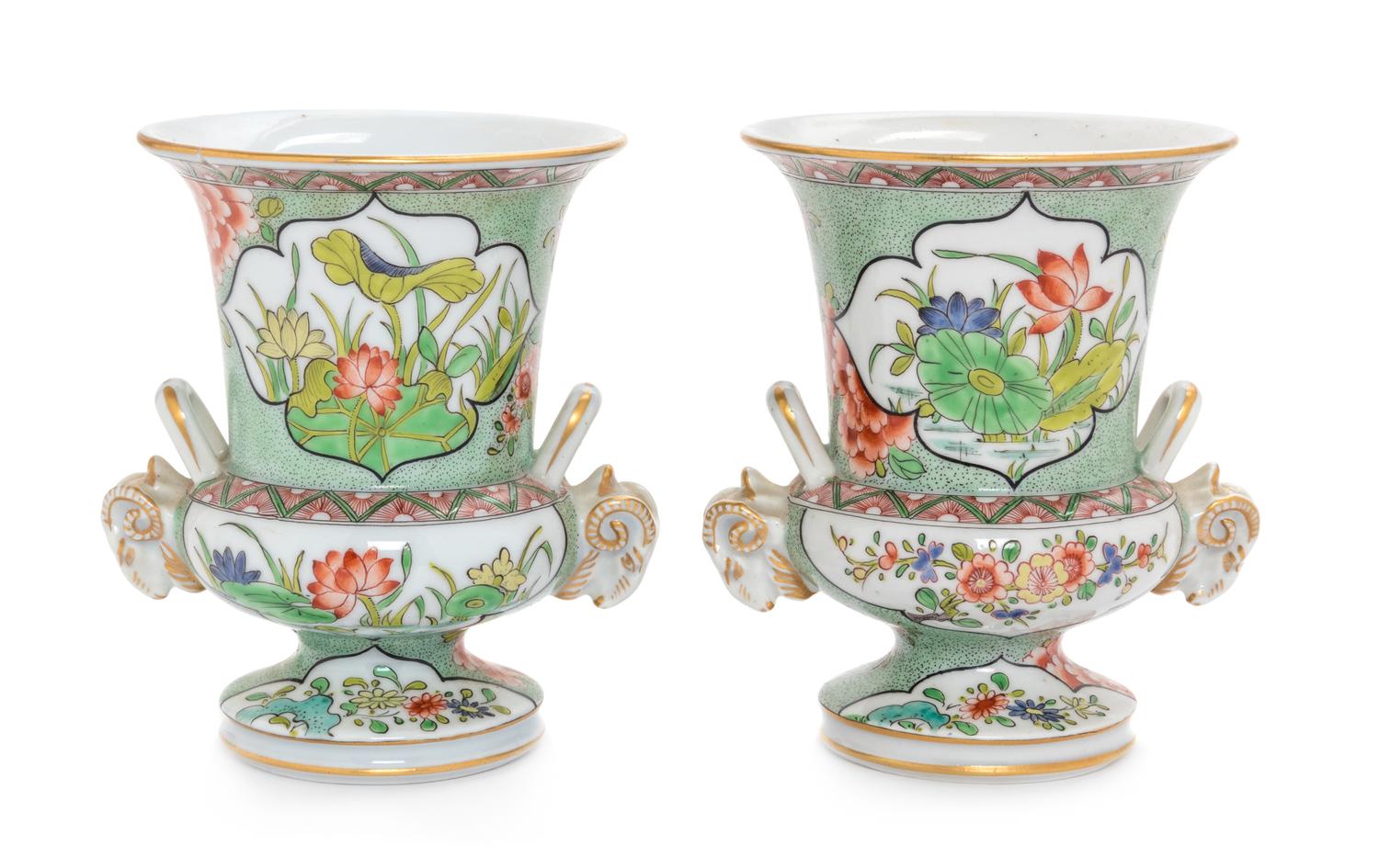 A Pair of Chinese Export Famille Verte Campana-Shaped Porcelain Vases
