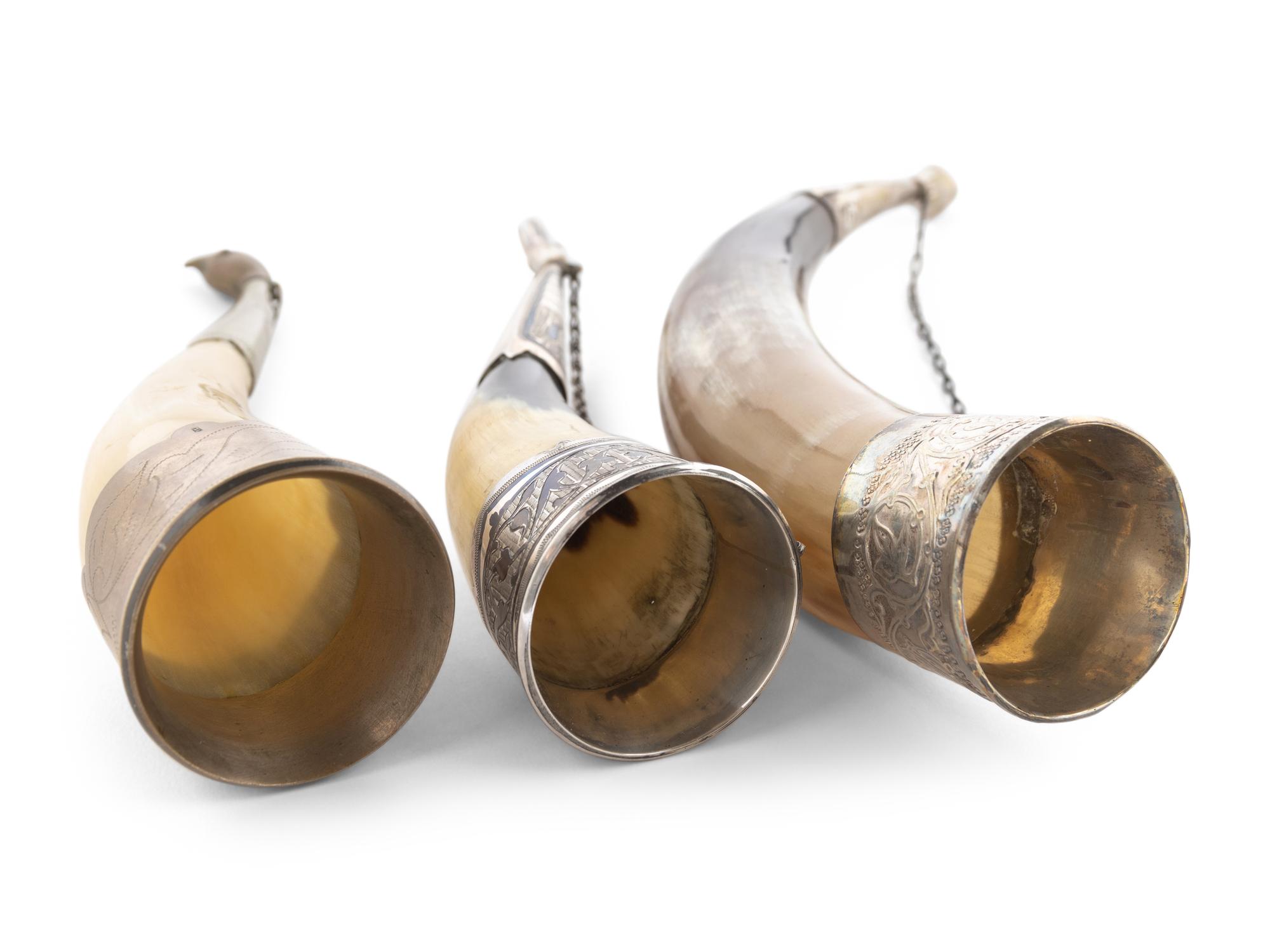Three Russian Silver Mounted Drinking Horns