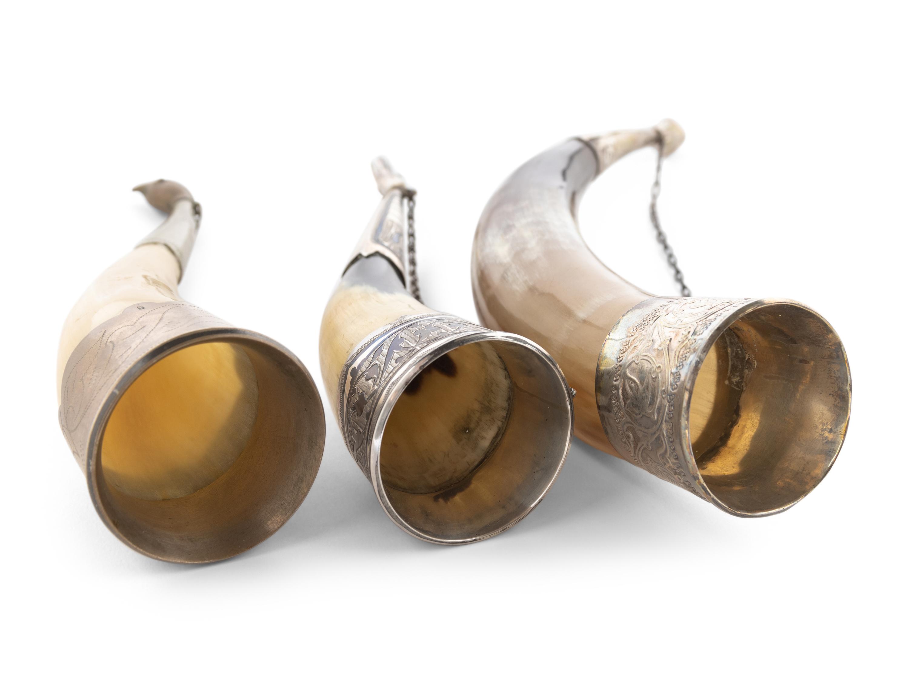 Three Russian Silver Mounted Drinking Horns