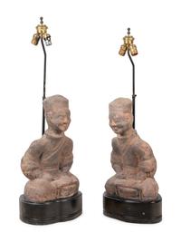 A Pair of Chinese Terra Cotta Figural Lamps