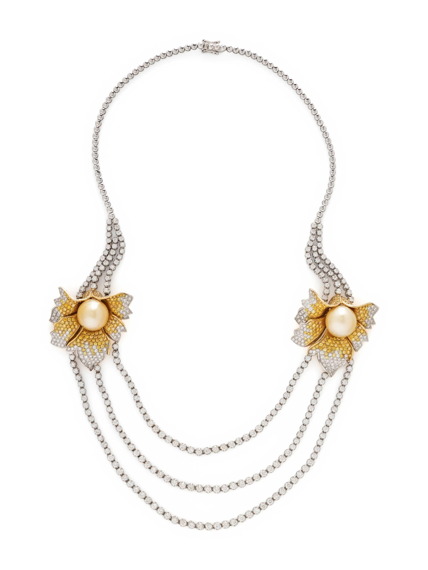 DIAMOND, YELLOW DIAMOND, AND GOLDEN CULTURED PEARL NECKLACE