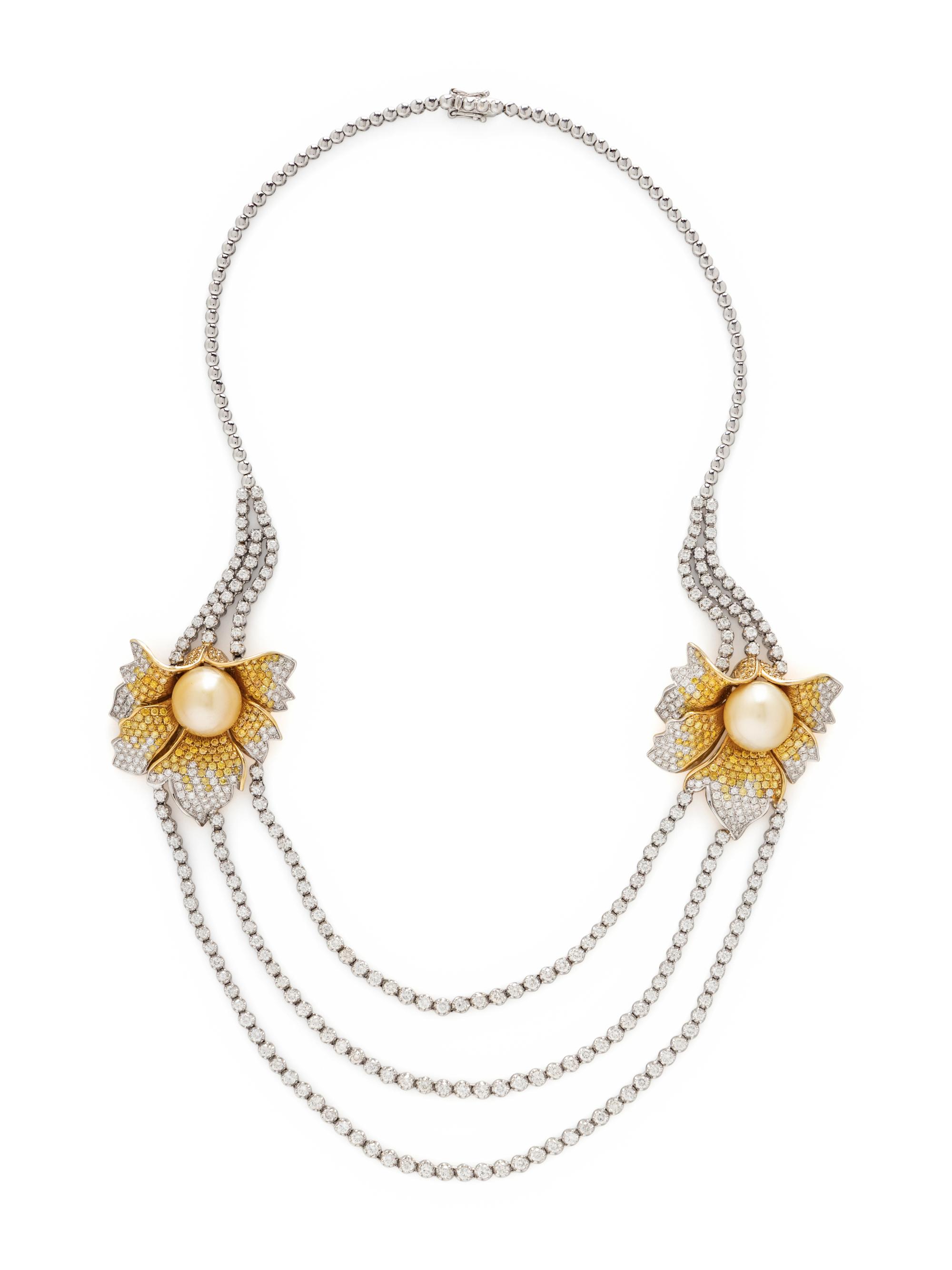 DIAMOND, YELLOW DIAMOND, AND GOLDEN CULTURED PEARL NECKLACE
