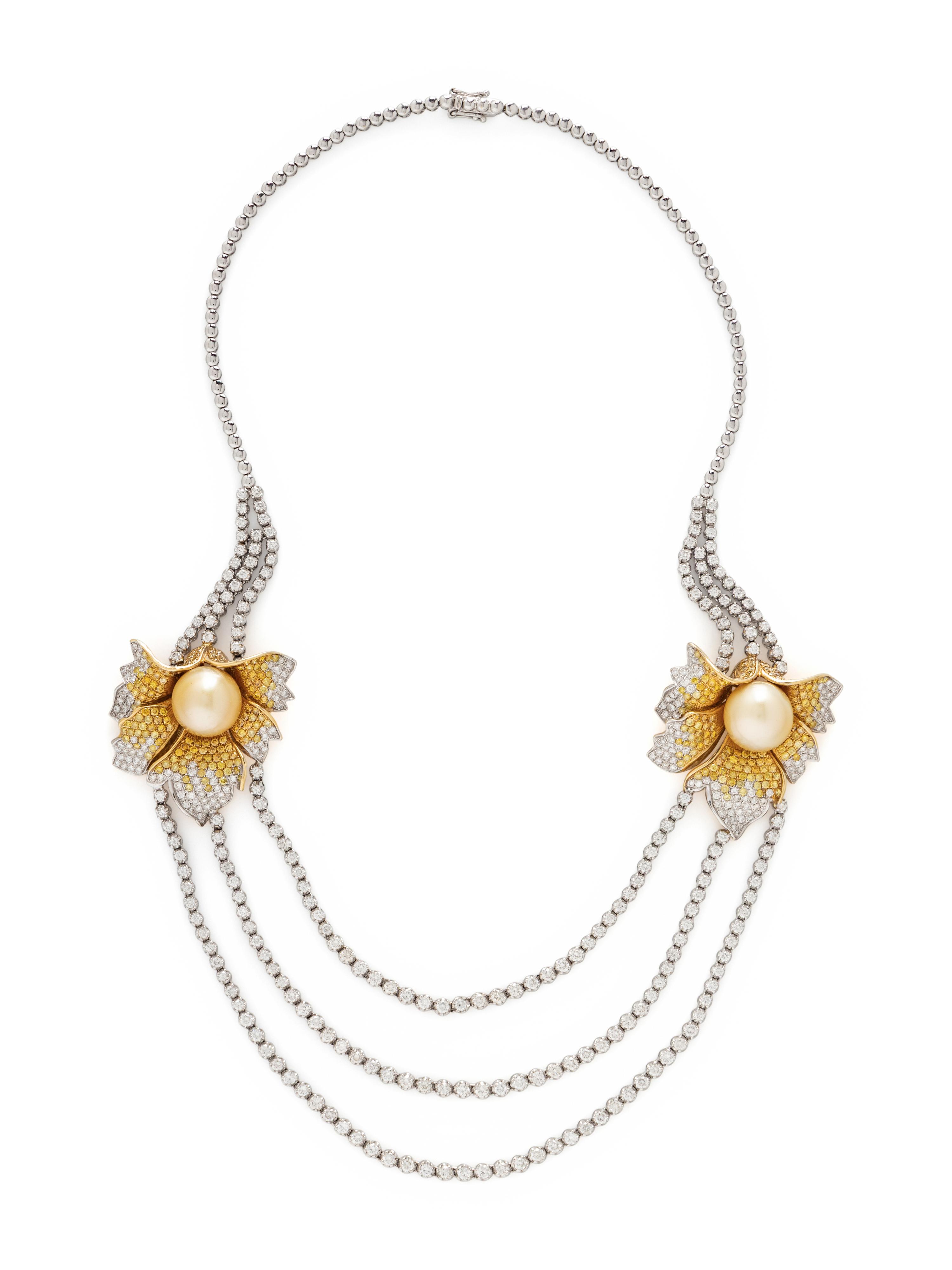 DIAMOND, YELLOW DIAMOND, AND GOLDEN CULTURED PEARL NECKLACE