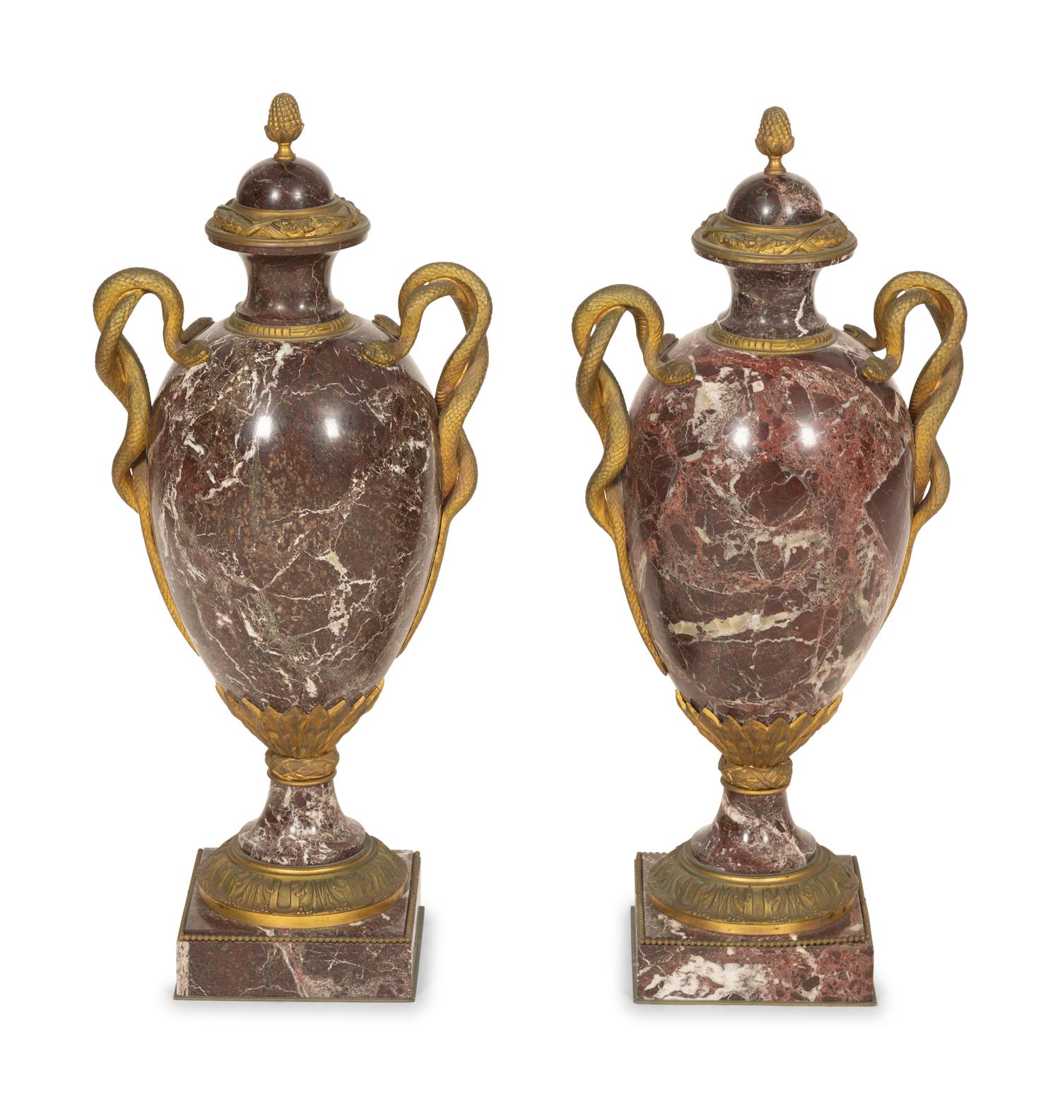 A Pair of Italian Gilt Bronze Mounted Rosso Levanto Marble Urns with Snake Handles