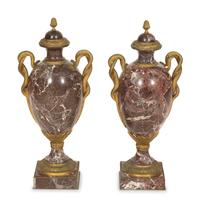 A Pair of Italian Gilt Bronze Mounted Rosso Levanto Marble Urns with Snake Handles