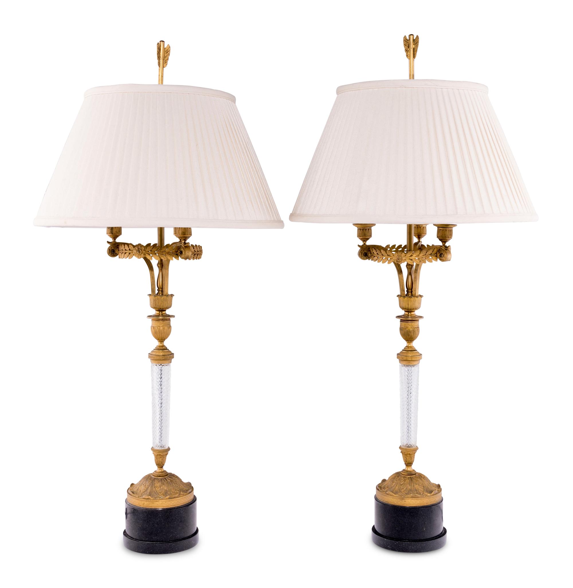 A Pair of Empire Style Gilt Bronze and Cut Glass Lamps