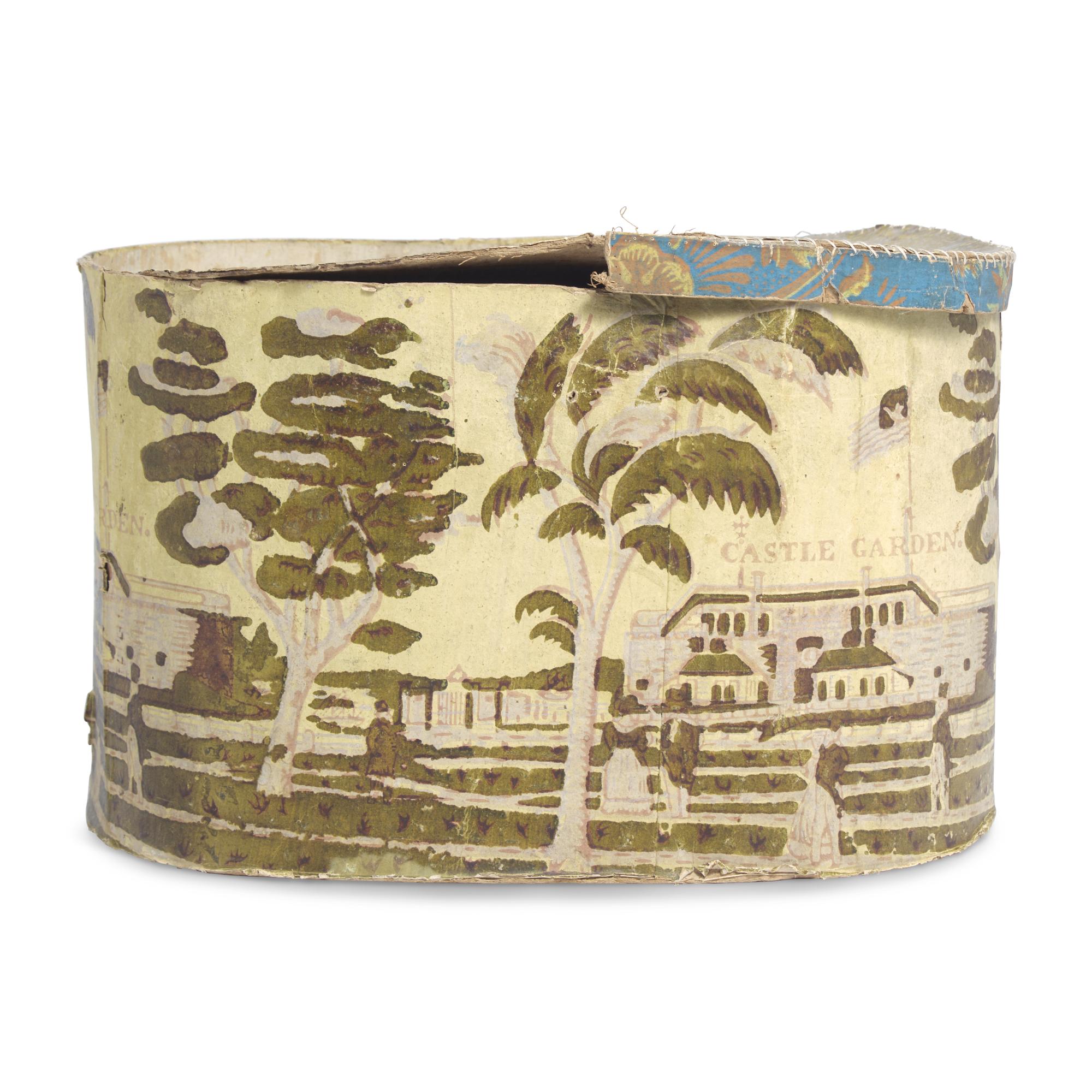 A Wallpaper Covered Band Box Depicting General LaFayette's Arrival in Castle Gardens, New York