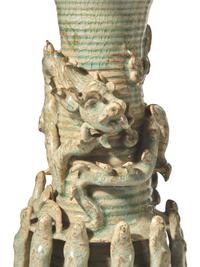 A Pair of Chinese Celadon-Glazed Qingbai Funerary Urns, Later Mounted as Lamps