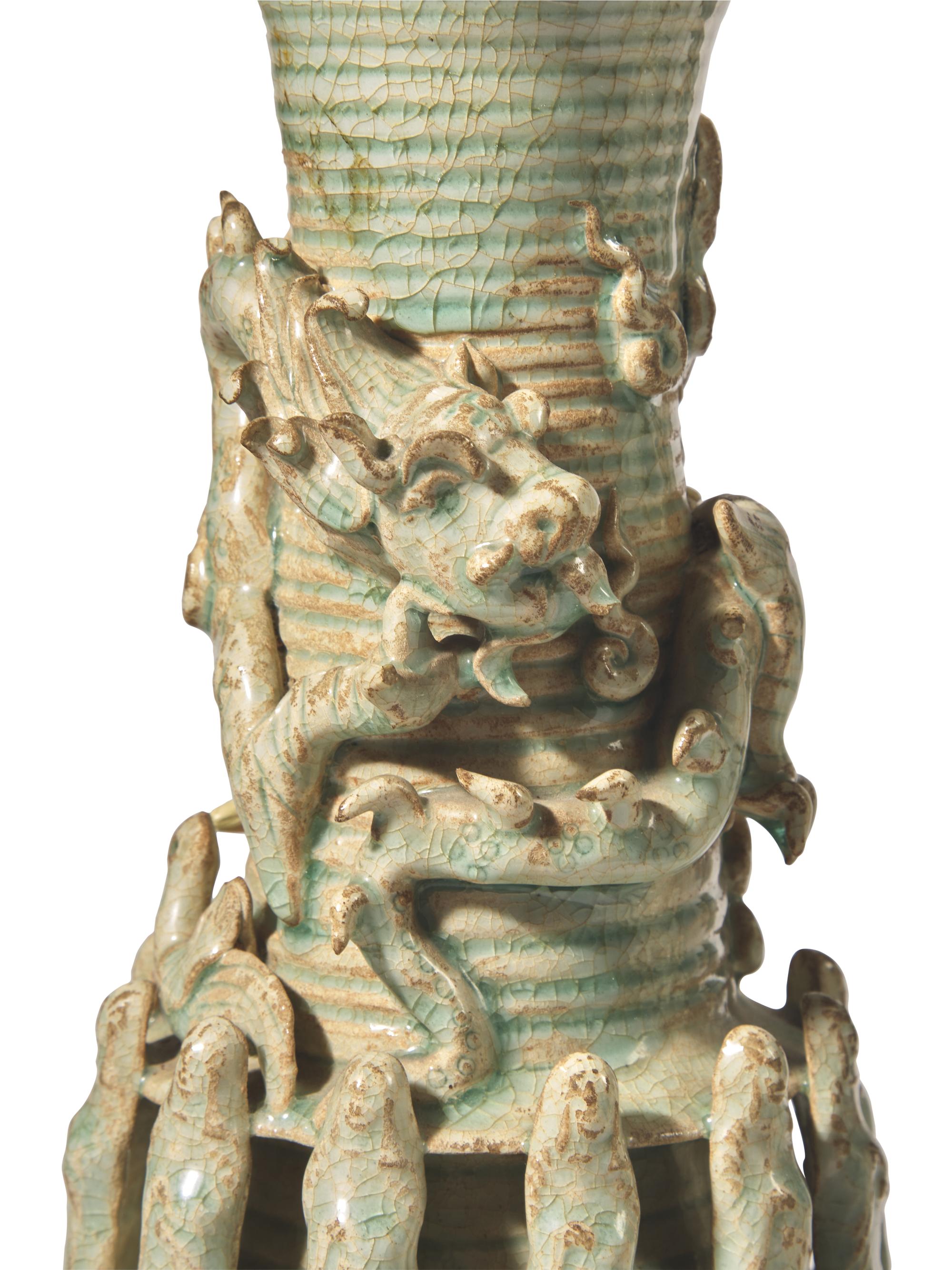 A Pair of Chinese Celadon-Glazed Qingbai Funerary Urns, Later Mounted as Lamps