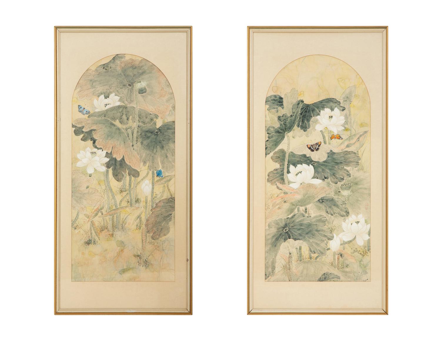 Still Lives with Water Lilies and Butterflies (a pair)