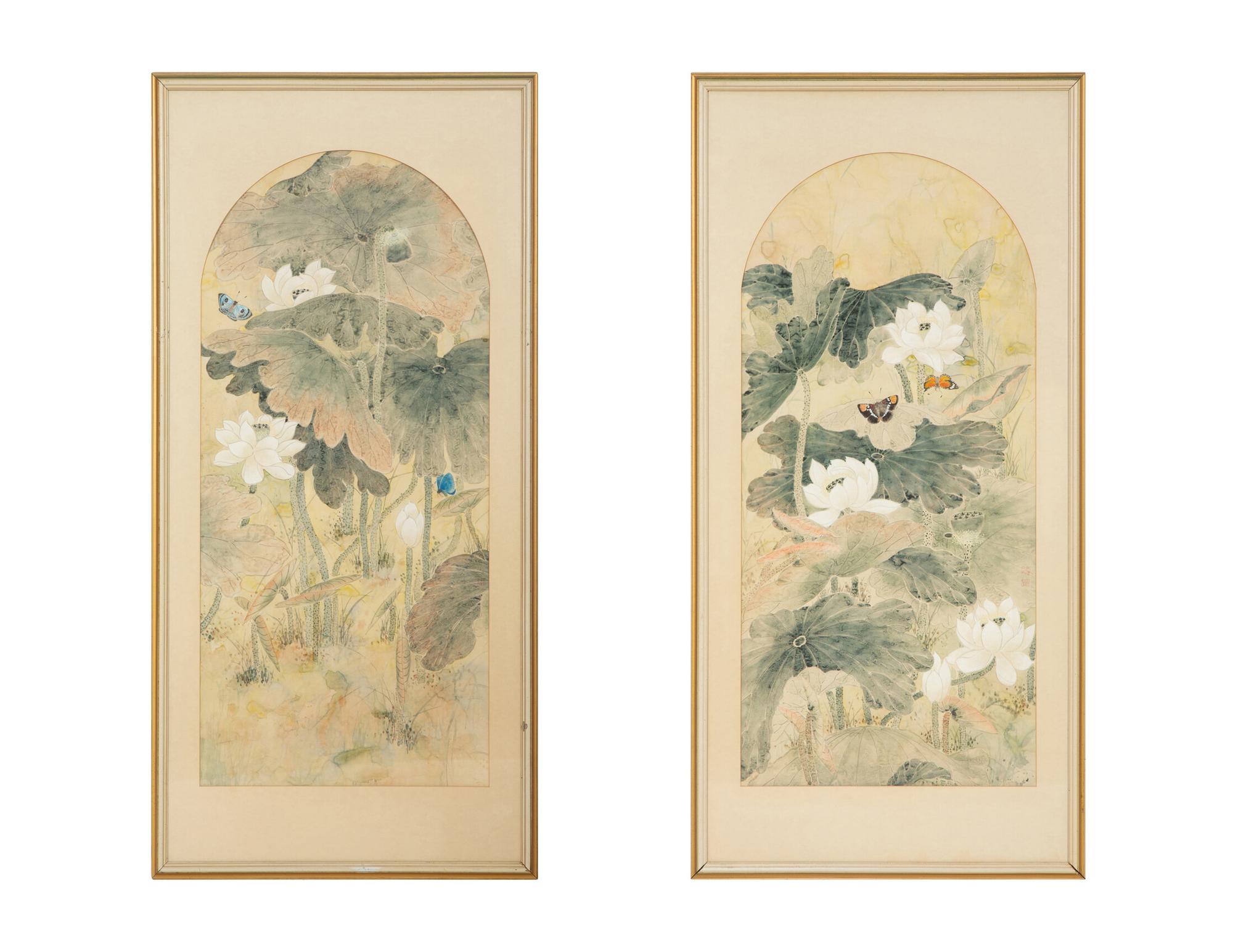 Still Lives with Water Lilies and Butterflies (a pair)
