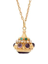 FRENCH, AMETHYST, TURQUOISE, AND SEED PEARL FOB NECKLACE