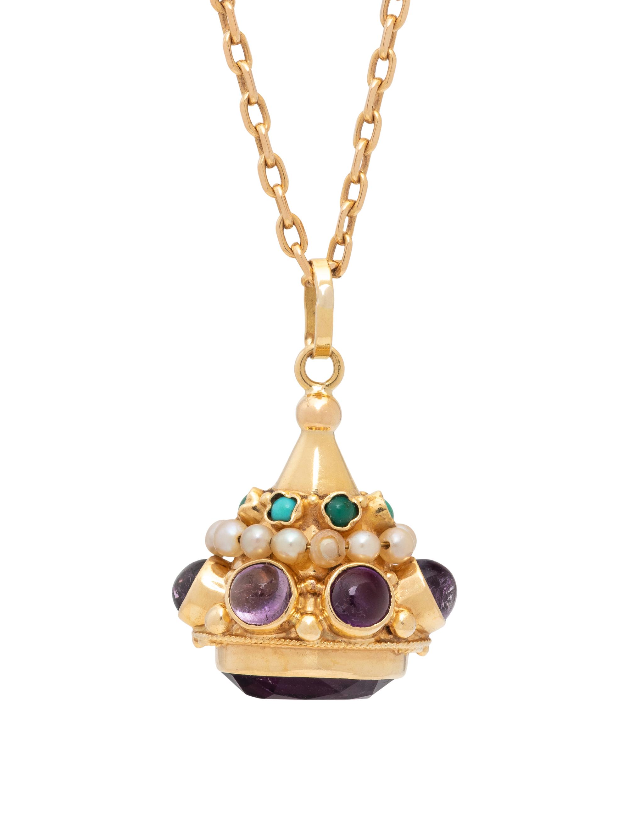 FRENCH, AMETHYST, TURQUOISE, AND SEED PEARL FOB NECKLACE