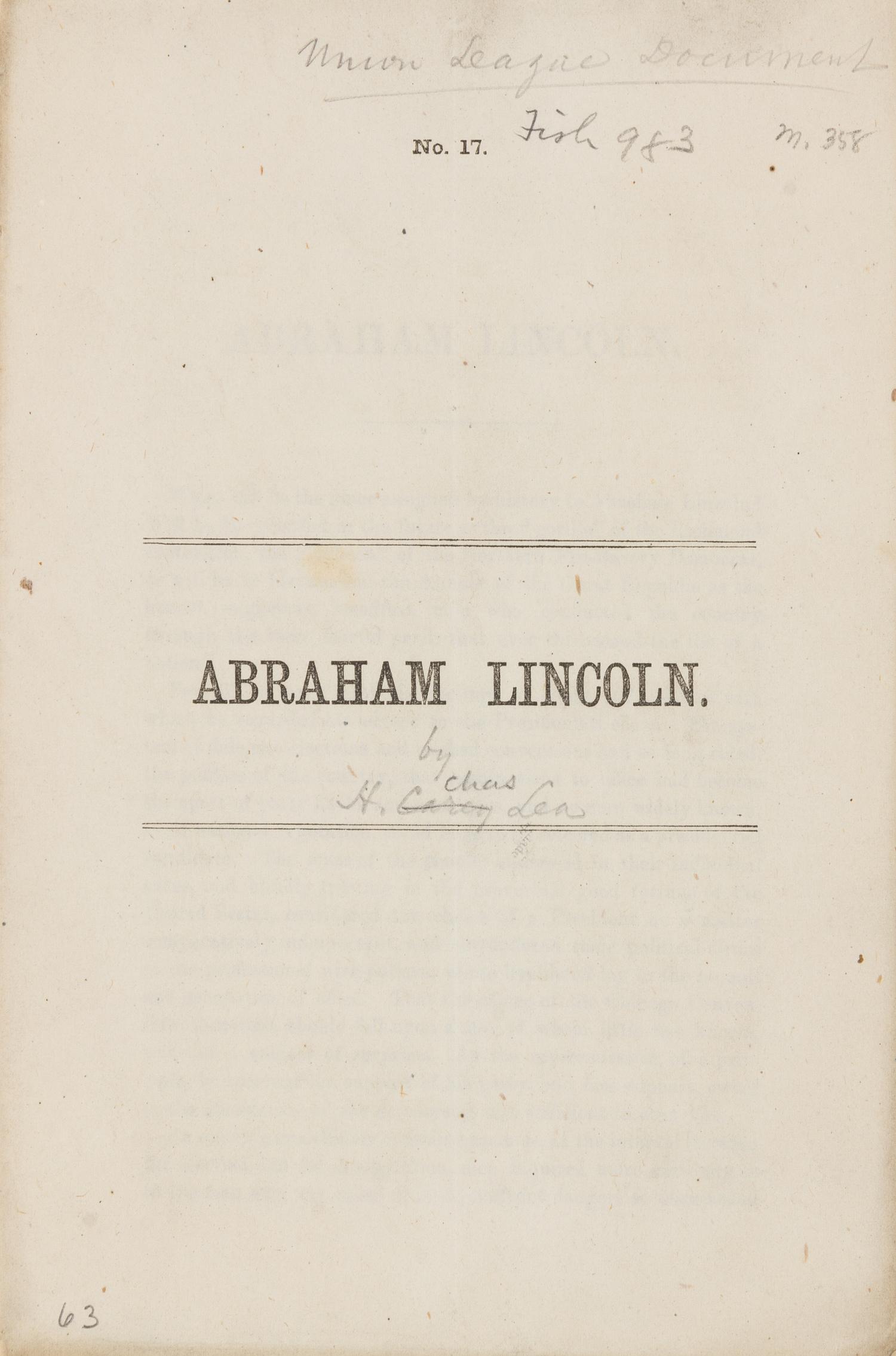 [LINCOLN] - [LEA, Henry Charles]