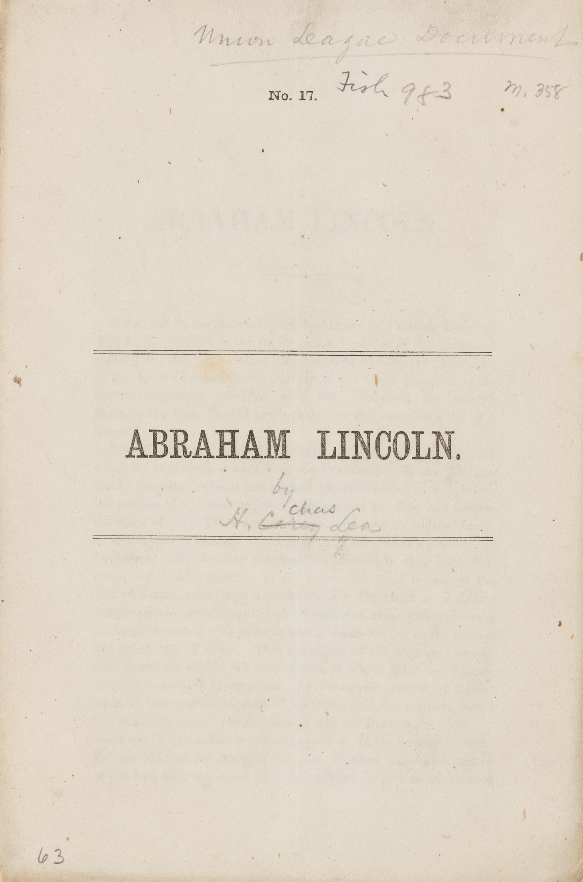 [LINCOLN] - [LEA, Henry Charles]