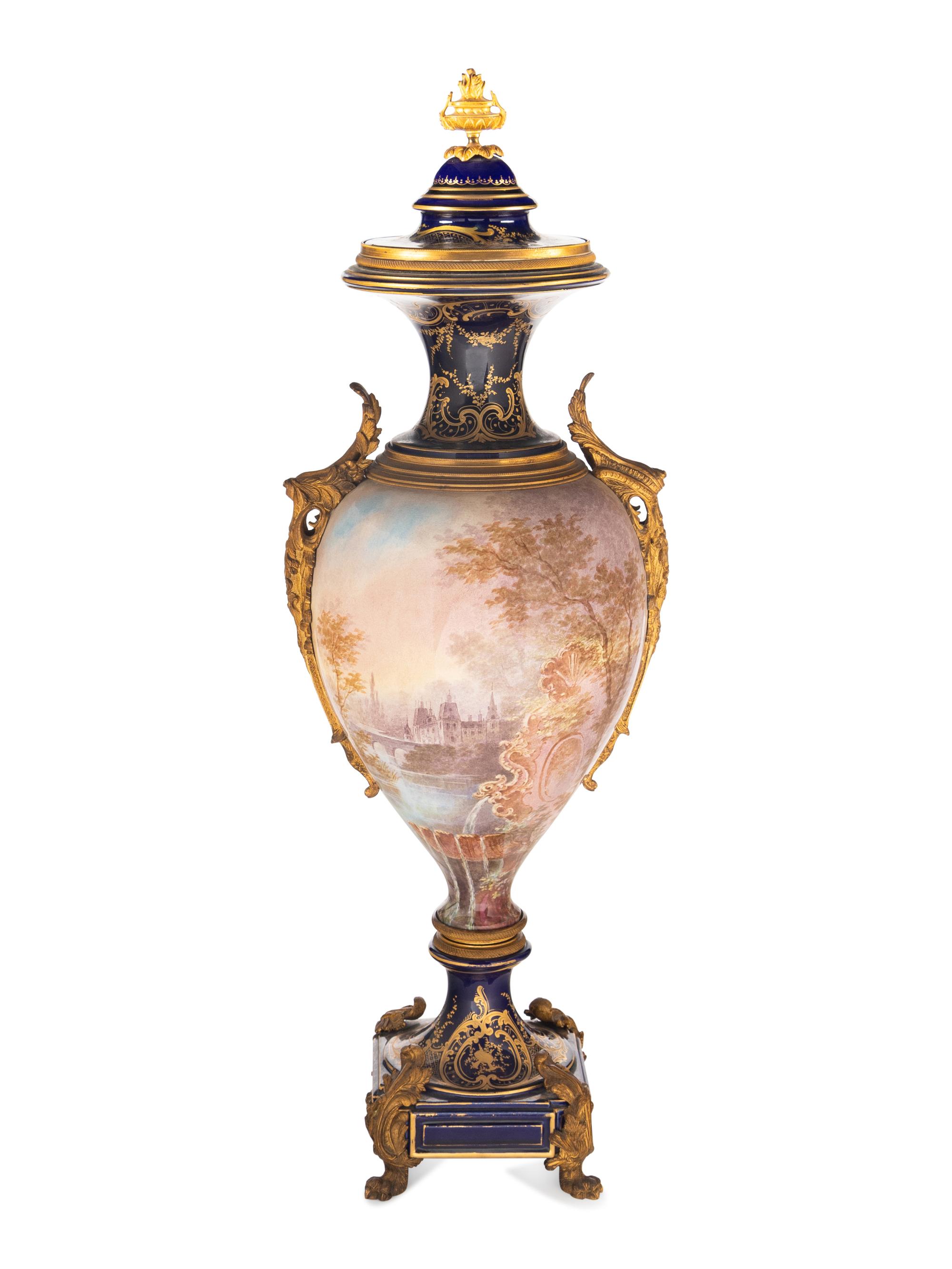 A Sèvres Style Gilt Metal Mounted Porcelain Urn