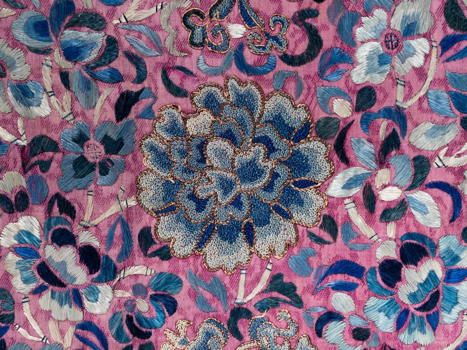 A Chinese Fuchsia Ground Embroidered Silk Apron Skirt