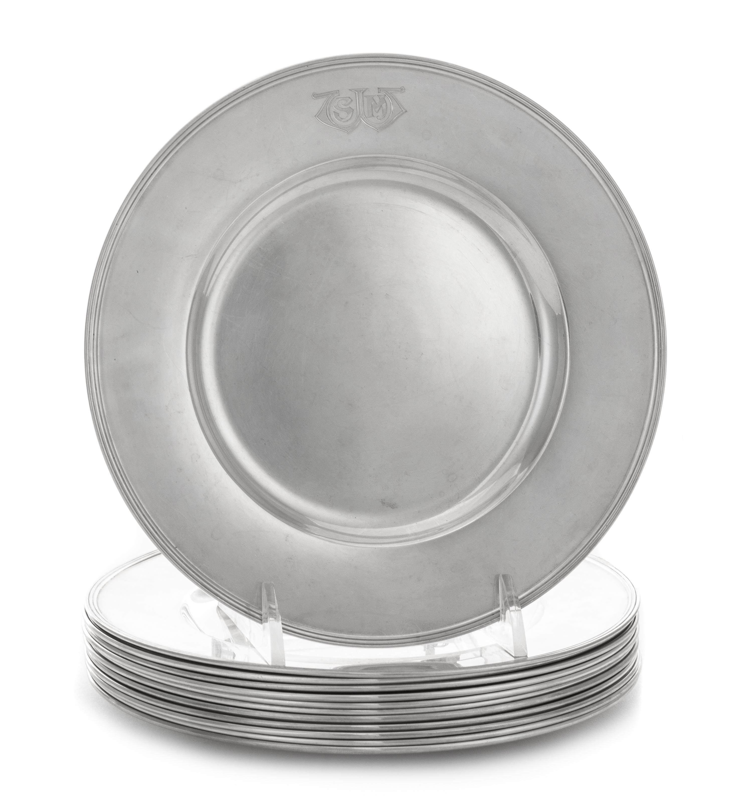 A Set of Twelve American Silver Bread Plates, Gorham Mfg. Co., Providence, RI, each with engraved SMW monogram.