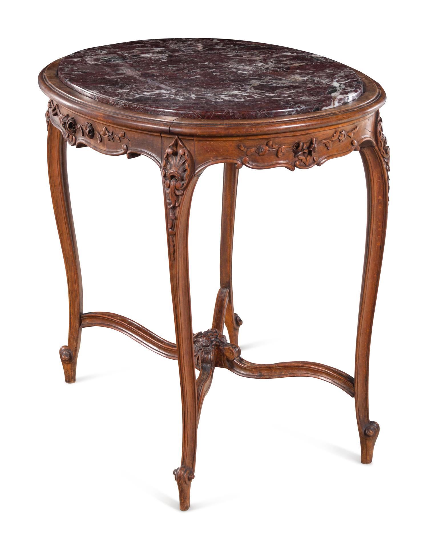 A Louis XV Style Walnut Marble-Top Center Table