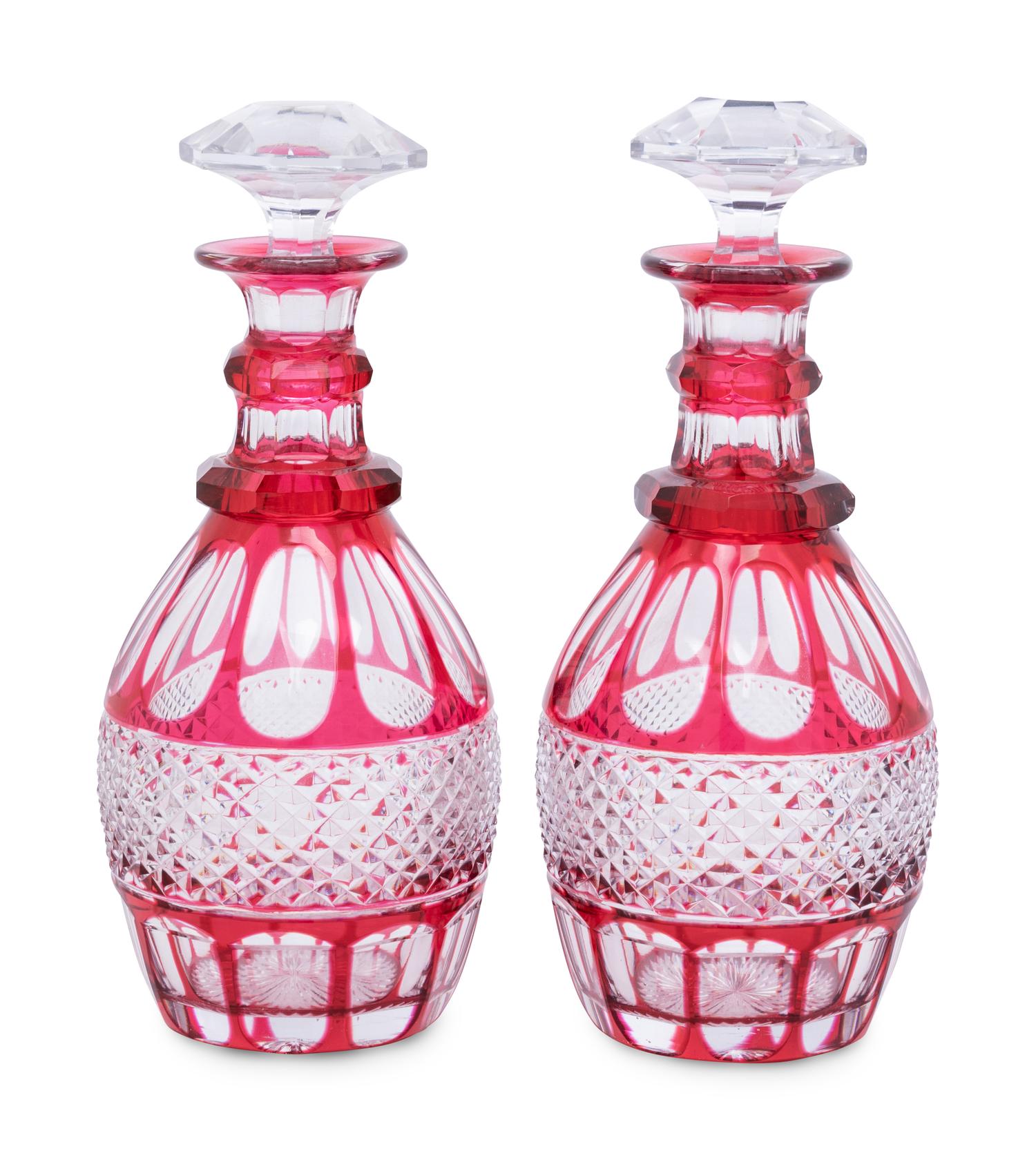 A Pair of Bohemian Red Cut-to-Clear Glass Decanters