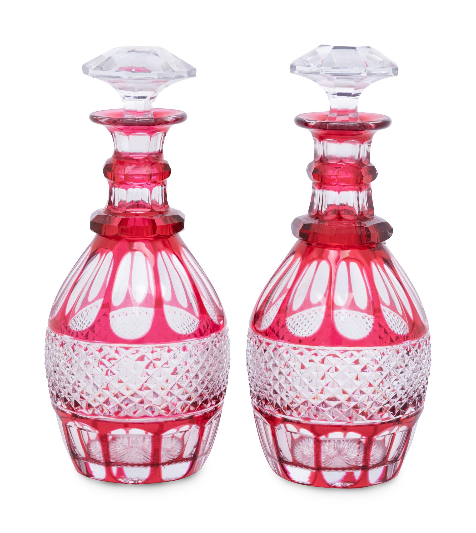 A Pair of Bohemian Red Cut-to-Clear Glass Decanters