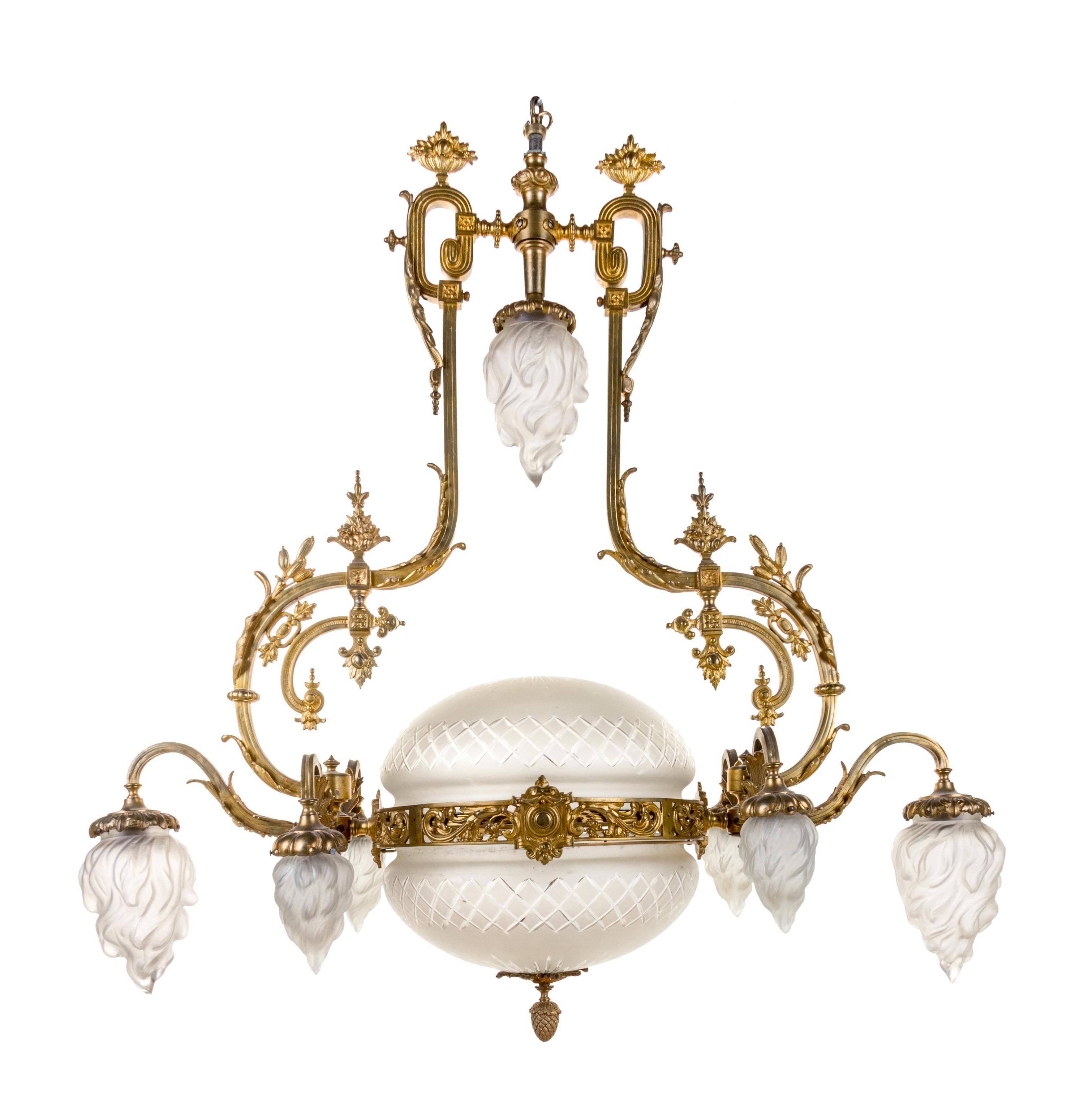 A French Gilt Bronze and Frosted Glass Ceiling Fixture