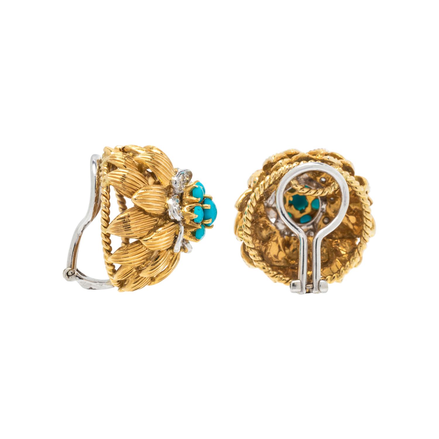BICOLOR GOLD, TURQUOISE AND DIAMOND EARCLIPS