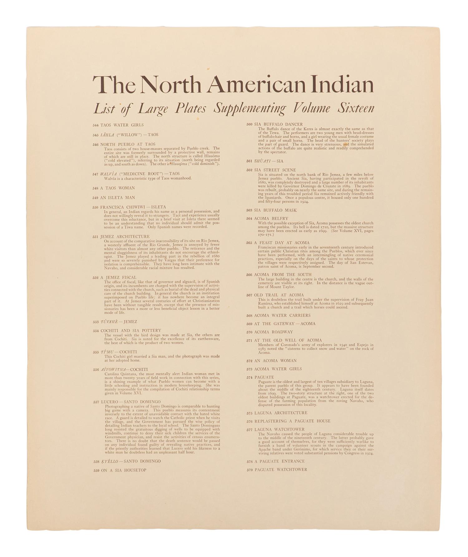 CURTIS, Edward S. (1868-1952). The North American Indian... List of Large Plates Supplementing Volume Sixteen . [Norwood, Massachusetts: The Plimpton Press, 1930].