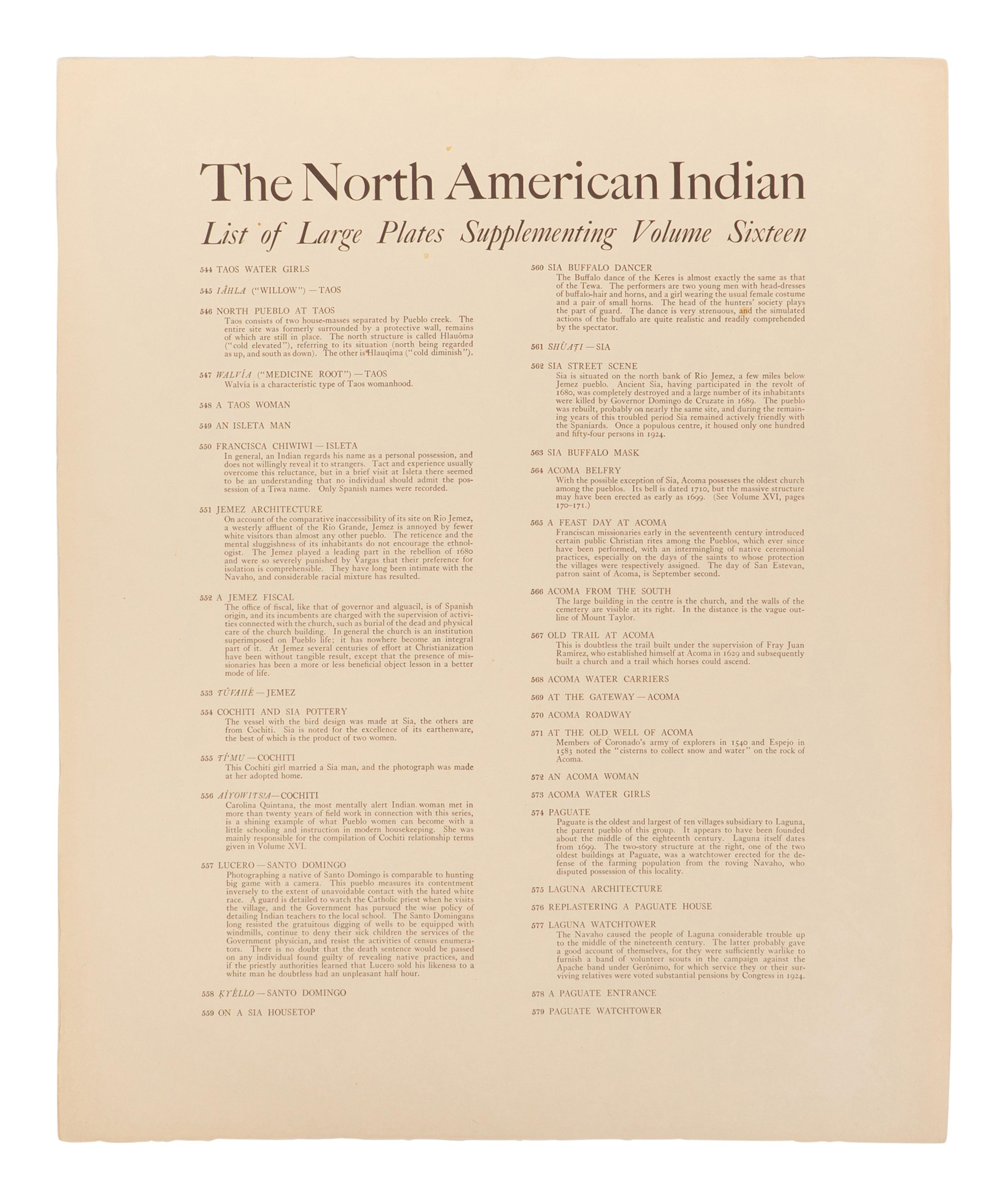 CURTIS, Edward S. (1868-1952). The North American Indian... List of Large Plates Supplementing Volume Sixteen . [Norwood, Massachusetts: The Plimpton Press, 1930].
