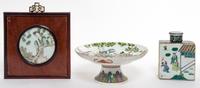 A Group of Three Famille Rose Articles Height 10 inches.