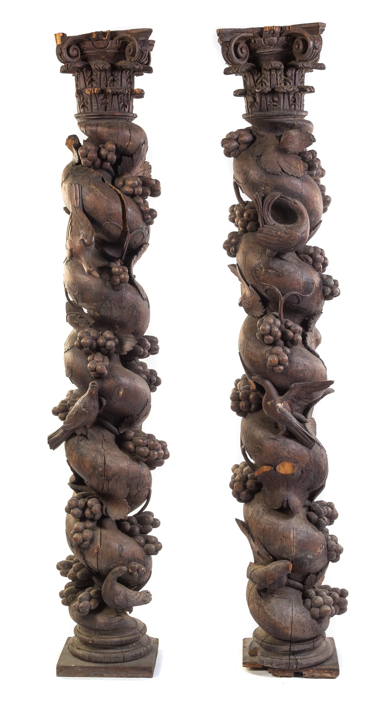 A Pair of Continental Carved Columns Height 75 1/2 inches. — 19TH CENTURY