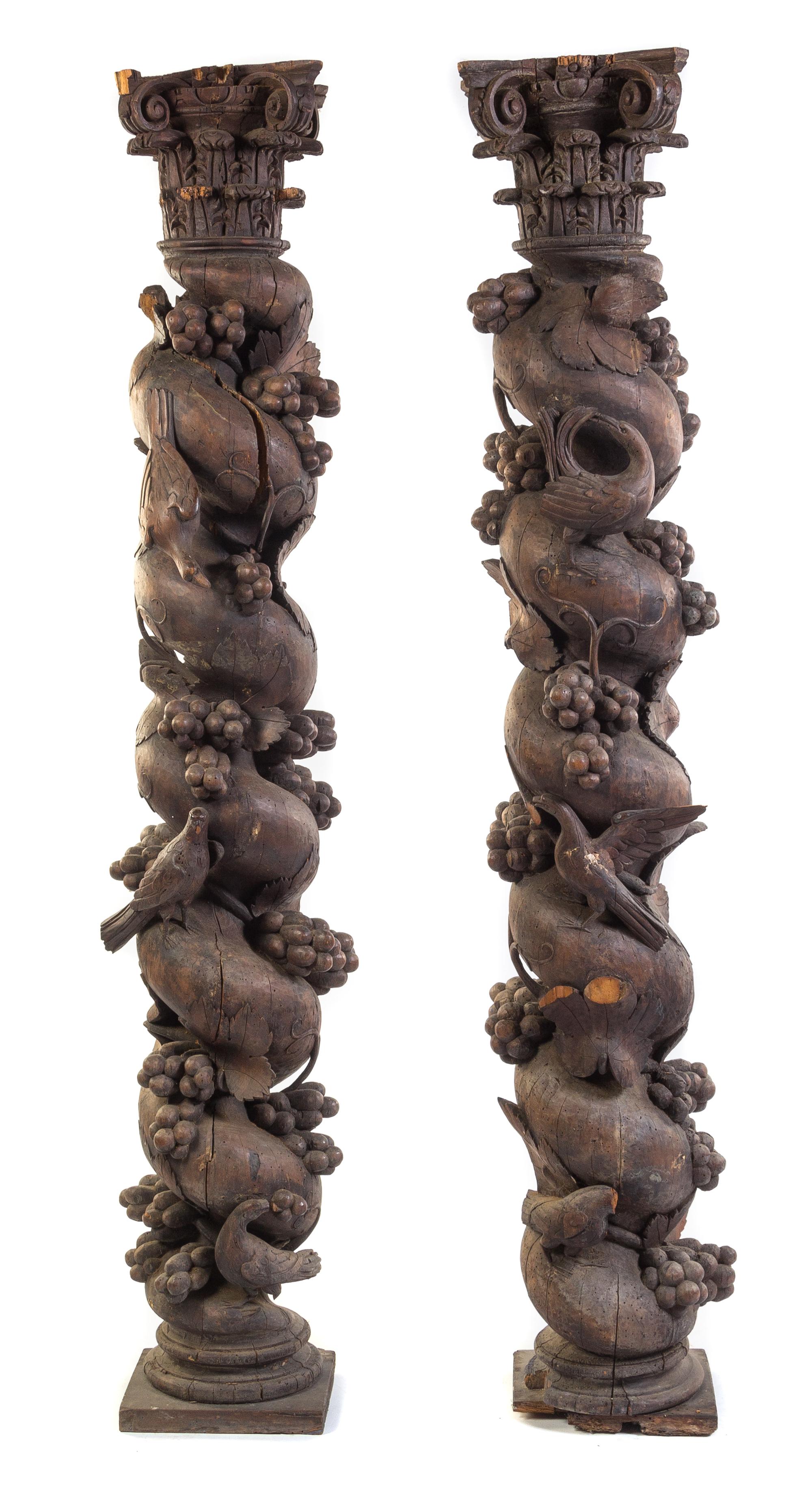 A Pair of Continental Carved Columns Height 75 1/2 inches. — 19TH CENTURY