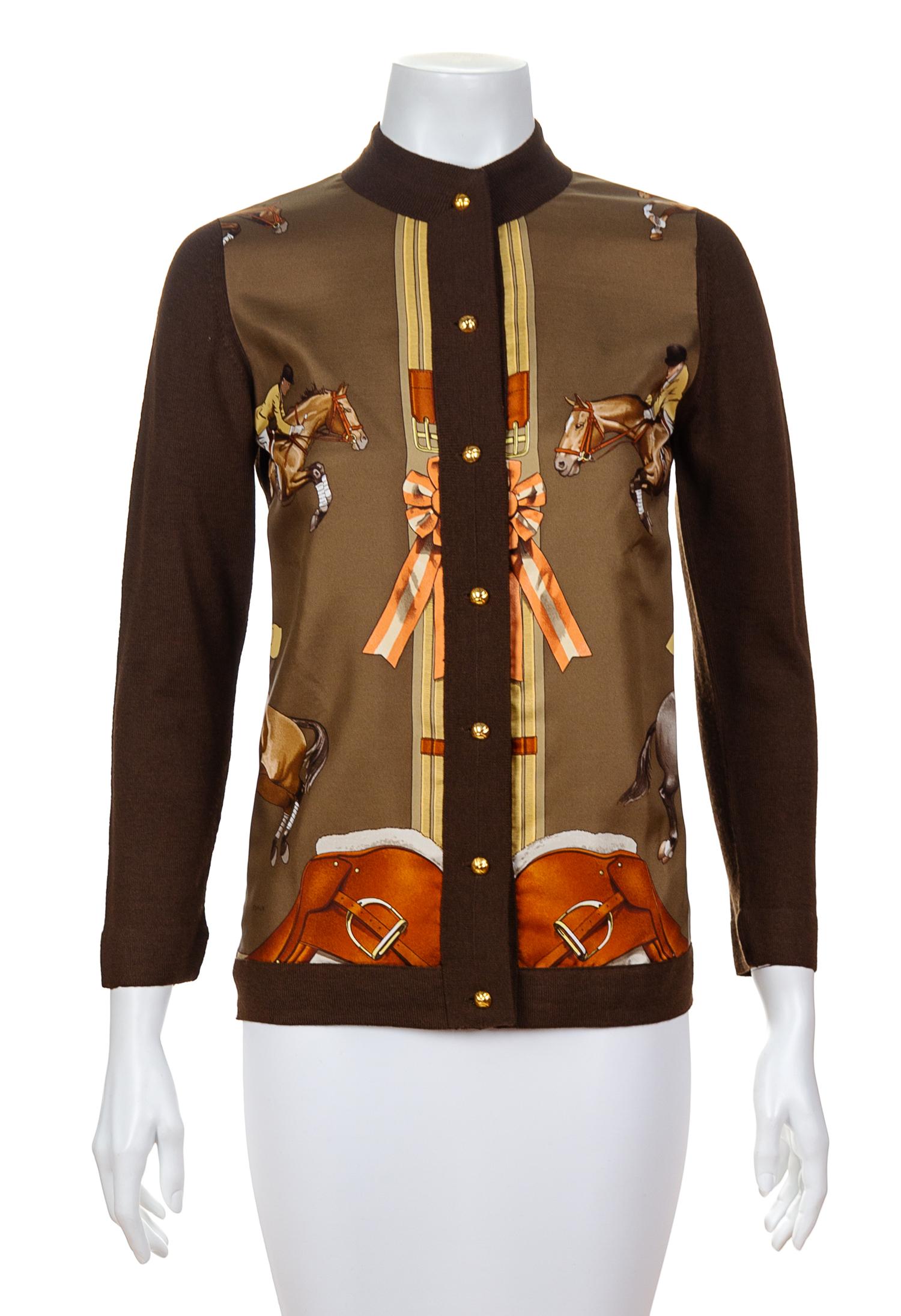 An Hermès Dark Brown Wool Sweater with Silk Front, Size 40.