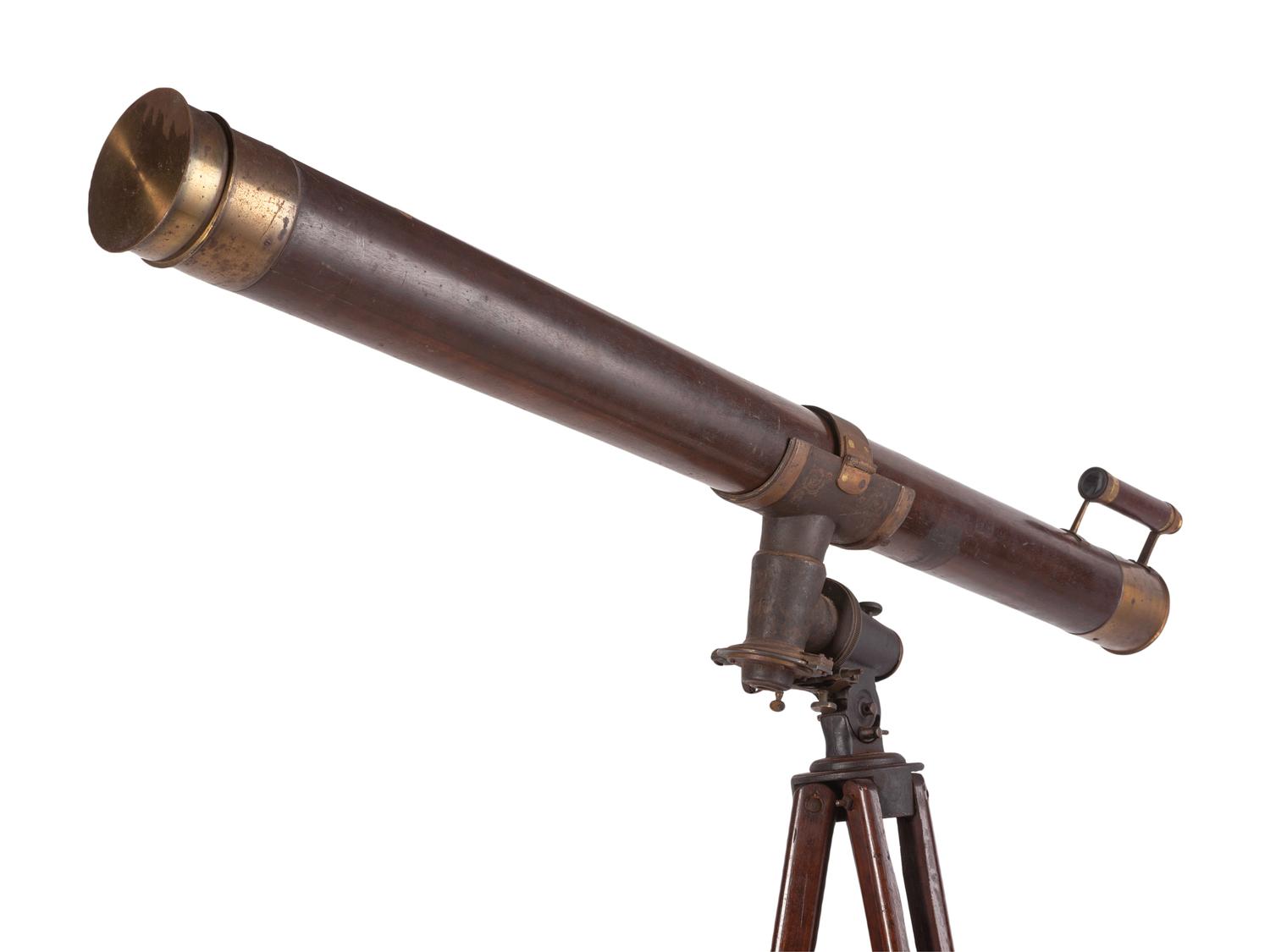 H.G. Fitz 4 1/8 inch telescope and tripod. Length of body tube 53 in. 19th century.