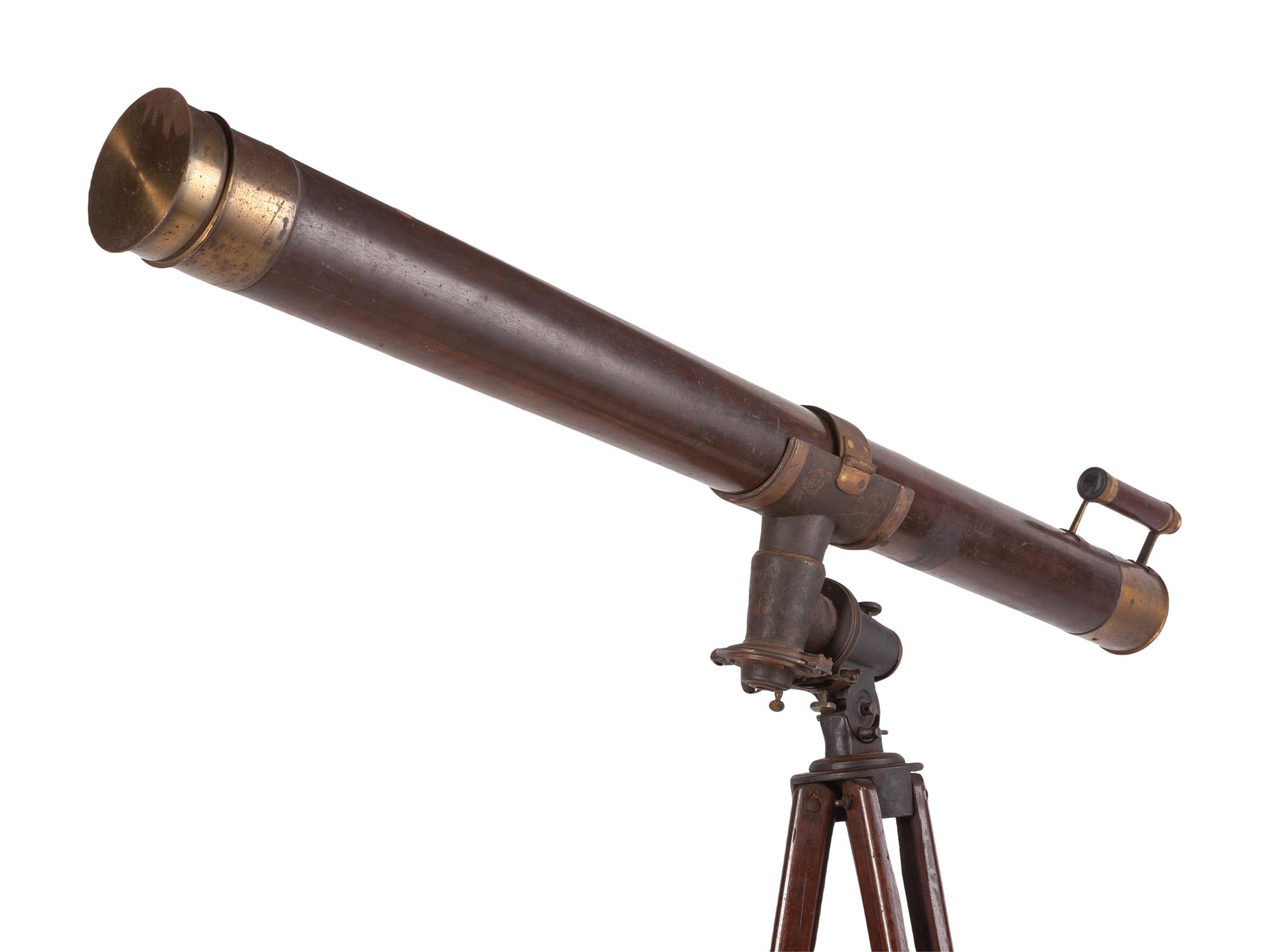 H.G. Fitz 4 1/8 inch telescope and tripod. Length of body tube 53 in. 19th century.